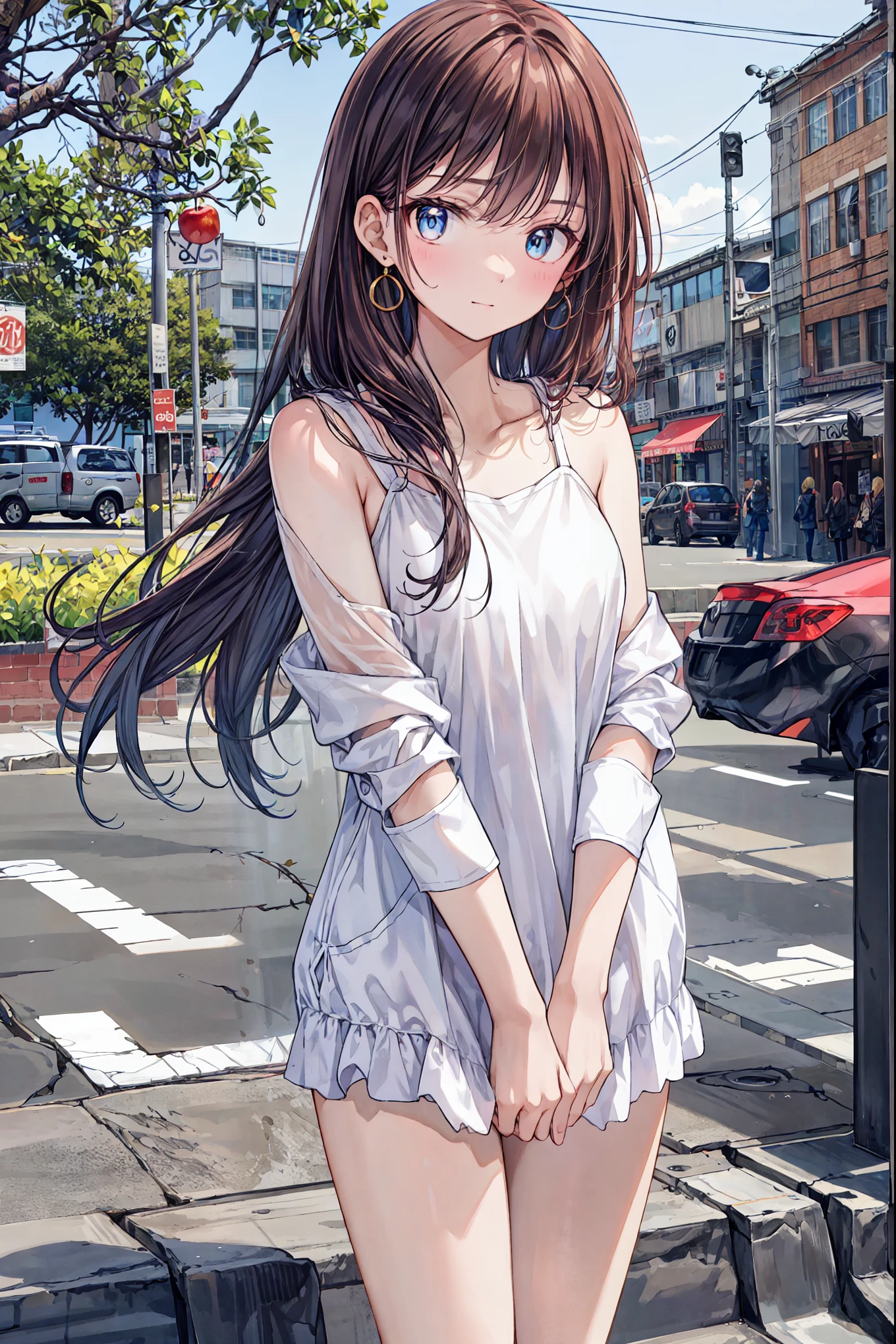 RAW photos, camera gaze, ((top quality, 8k, masterpiece: 1.3)), sharp focus: 1.2, coloured cropped tank top, pretty features, best smile, cute smile, beautiful woman in perfect style: 1.4, slender abs: 1.2, dark brown hair, (natural light, city street: 1.1), highly detailed face and skin texture, detailed eyes, No panties. Naked waist down