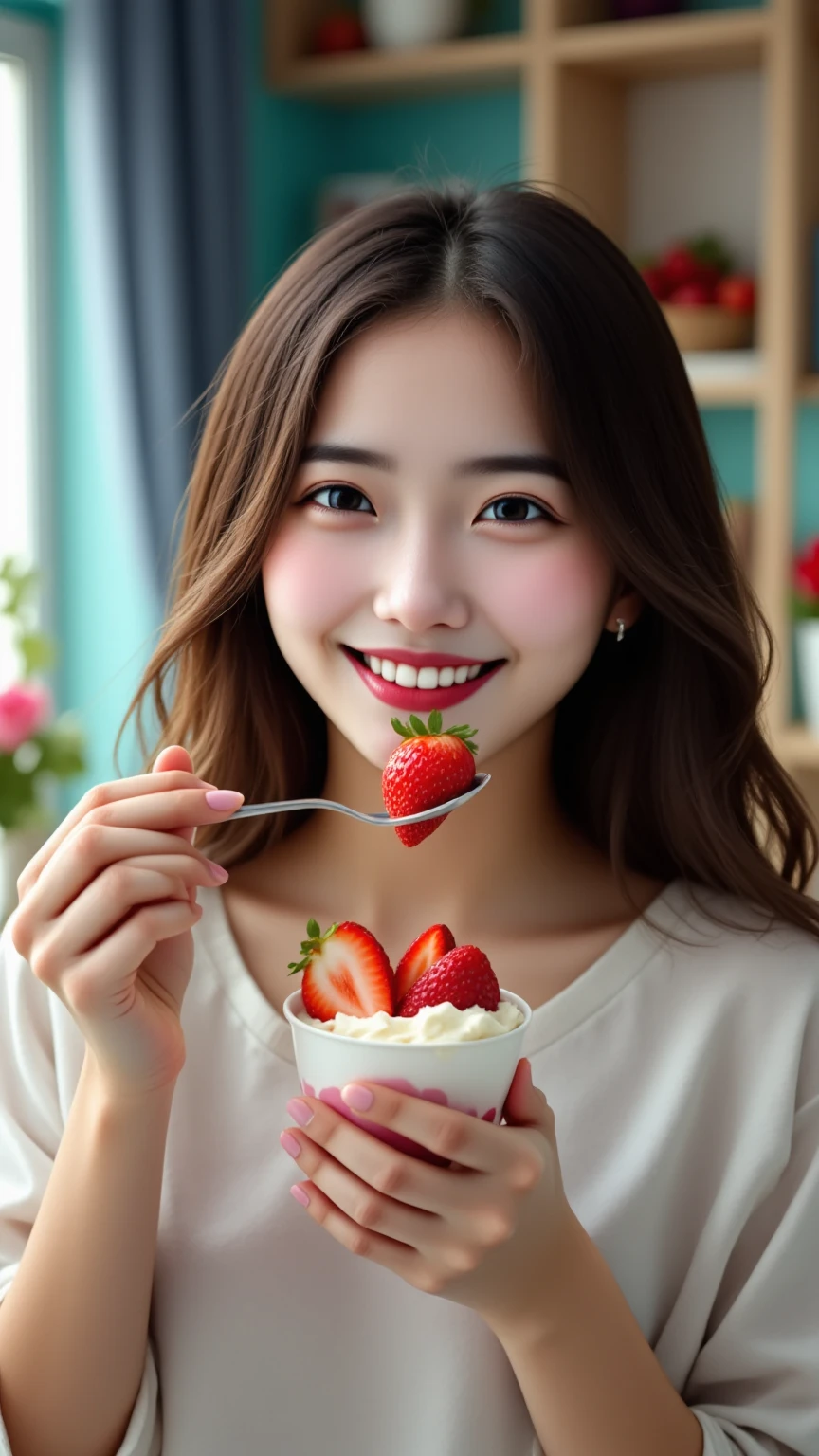 Portrait of a woman full of joy while eating a strawberry parfait in a family with a colorful interior,high resolution,Realistic,professional-grade,HDR,4K,soft lighting,rich color,Exquisite details,Fine Textures,Realistic Expression,Emotional work of art