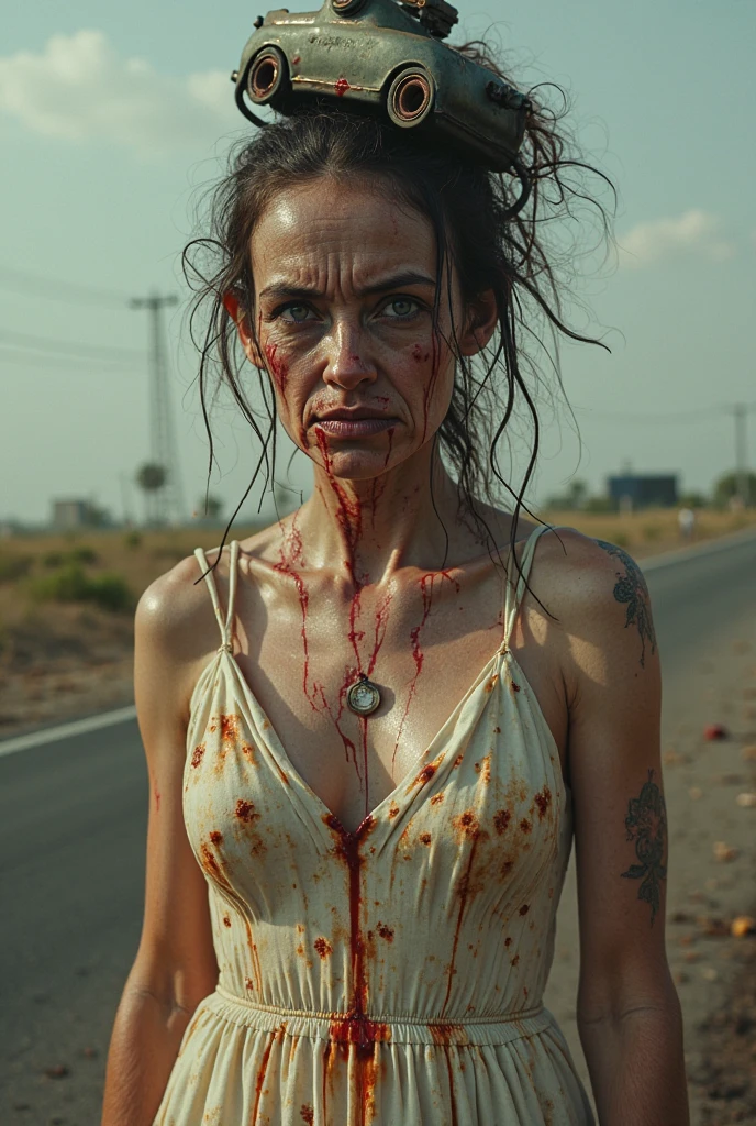 A scary Cambodian woman with red-eye and messy hair and have only the intestines, heart, and liver are attached to her necks and she don’t have body flying on the field 8k