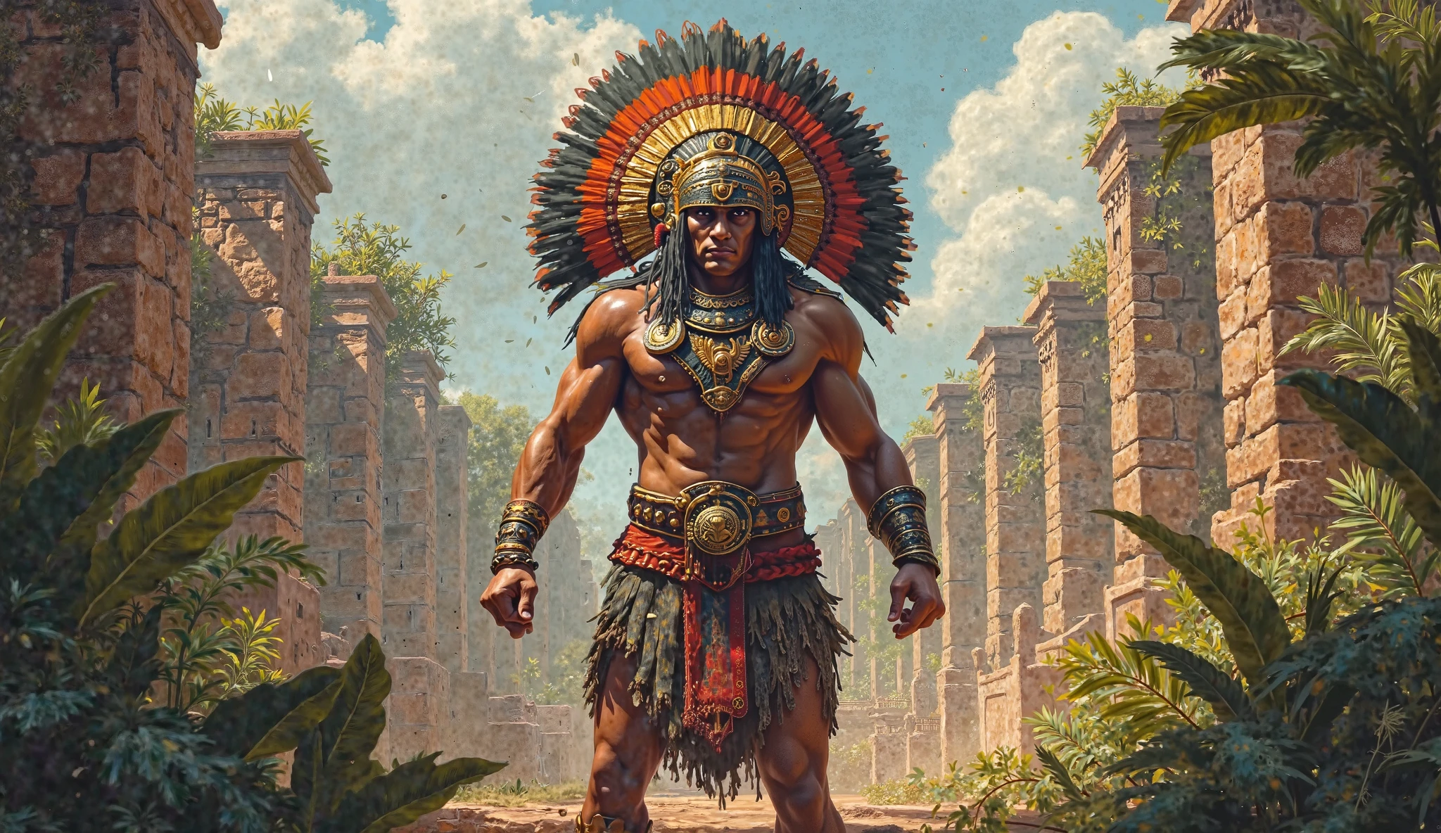 Aztec warrior, armed, whole body, war cry, with a skull in his high hand and a spear in his low hand, colorful suit
