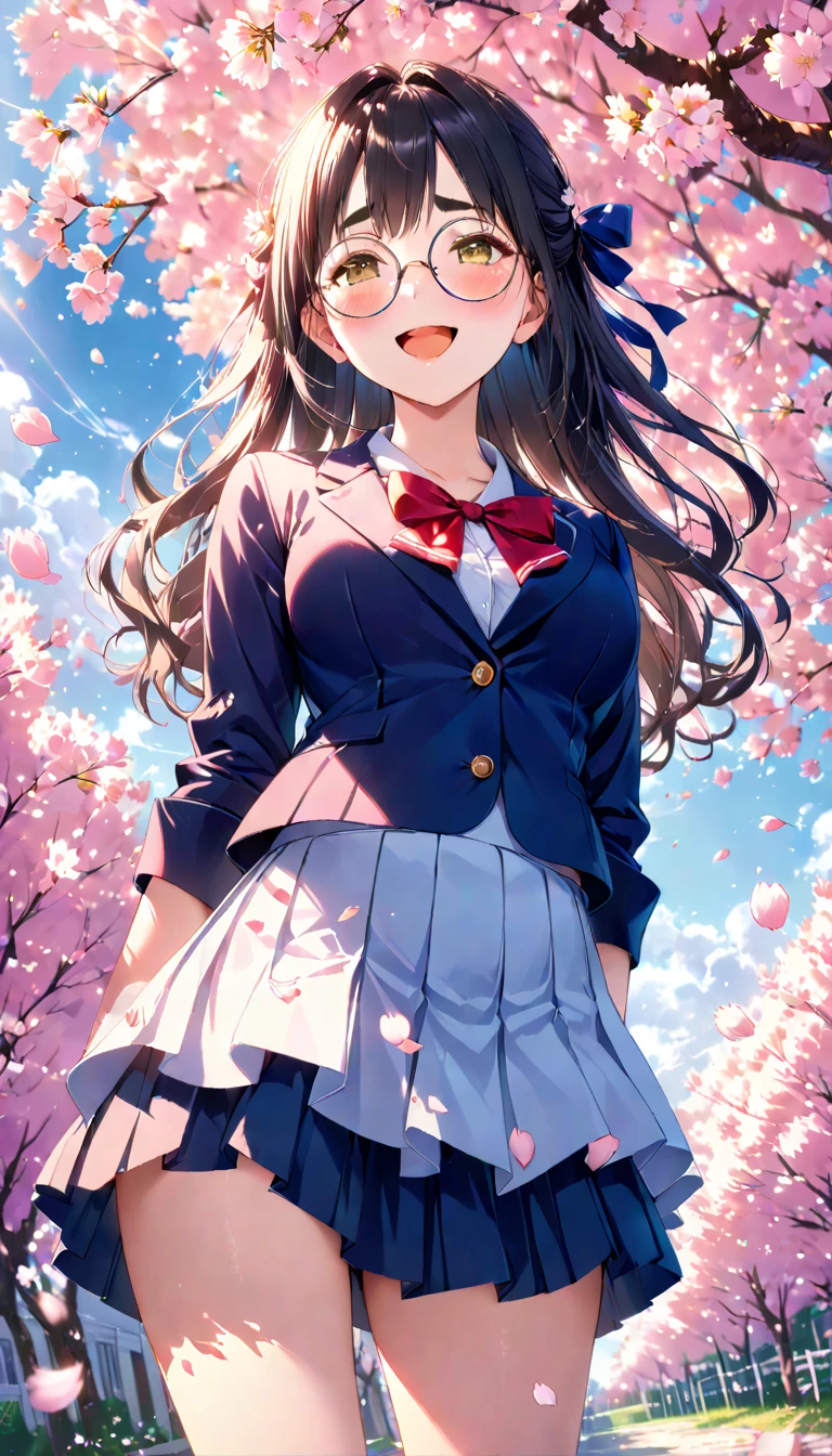 (masterpiece, highest quality, Highest image quality、High resolution:1.4),8K, anime style、Morning route to school、cherry blossom in full bloom、SakuraFubuki、draw the whole body、perspective from below、(pure white skin:1.4),(long straight hair, bangs, Dark brown hair:1.2)、(curly hair:0.3), white hairpin,(brown eyes、round and large eyes:1.4),droopy eyes、beautiful eyelashes, (smooth texture:1.2, realistic texture:1.1, realistic:1.1, The wind is blowing), medium breasts, perfect body, (red bow tie, school uniform, navy blue jacket, open jacket, white shirt, red pleated skirt、white panties:1.2), smile, open your mouth、teeth、Skirt flips in the wind、