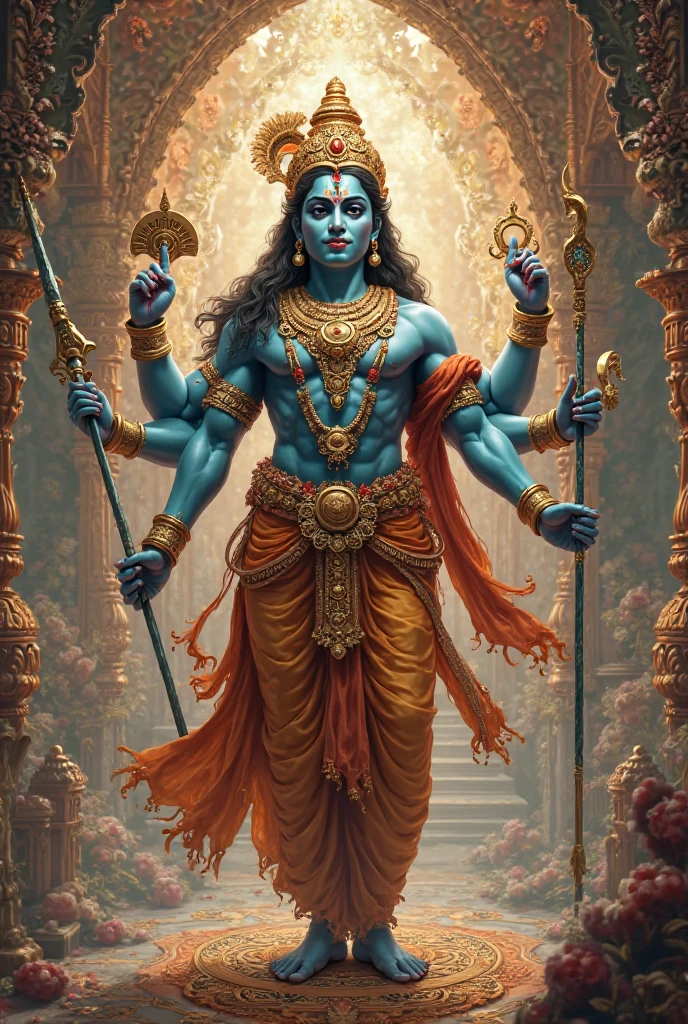 Shrikrishna killing the angry king kangsa infront his throne, crown laid on ground. Fantasyreal