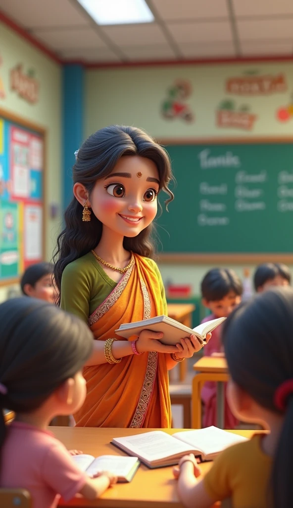 Private school teacher ai 3d cartoon type with saree image
