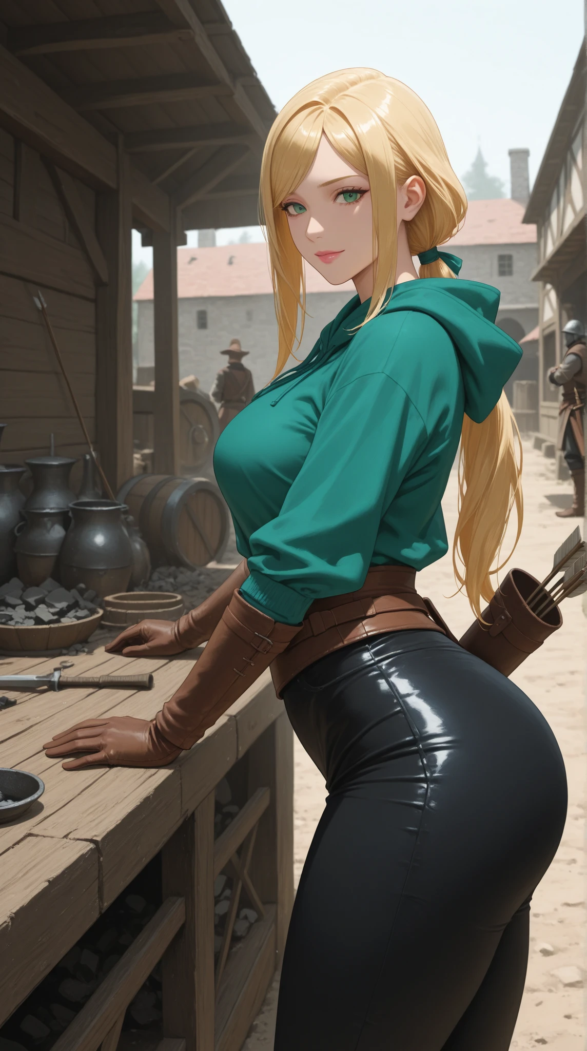 A female Breton beauty sits outdoors in a rustic Skyrim village, surrounded by thatched roofs and lush greenery. The sun casts a warm glow on her porcelain skin as she gazes directly into the camera lens, her piercing blue eyes sparkling with a hint of mischief. Her raven tresses cascade down her back like a waterfall, framing her heart-shaped face. A gentle smile plays on her lips, inviting the viewer to step into her whimsical world.