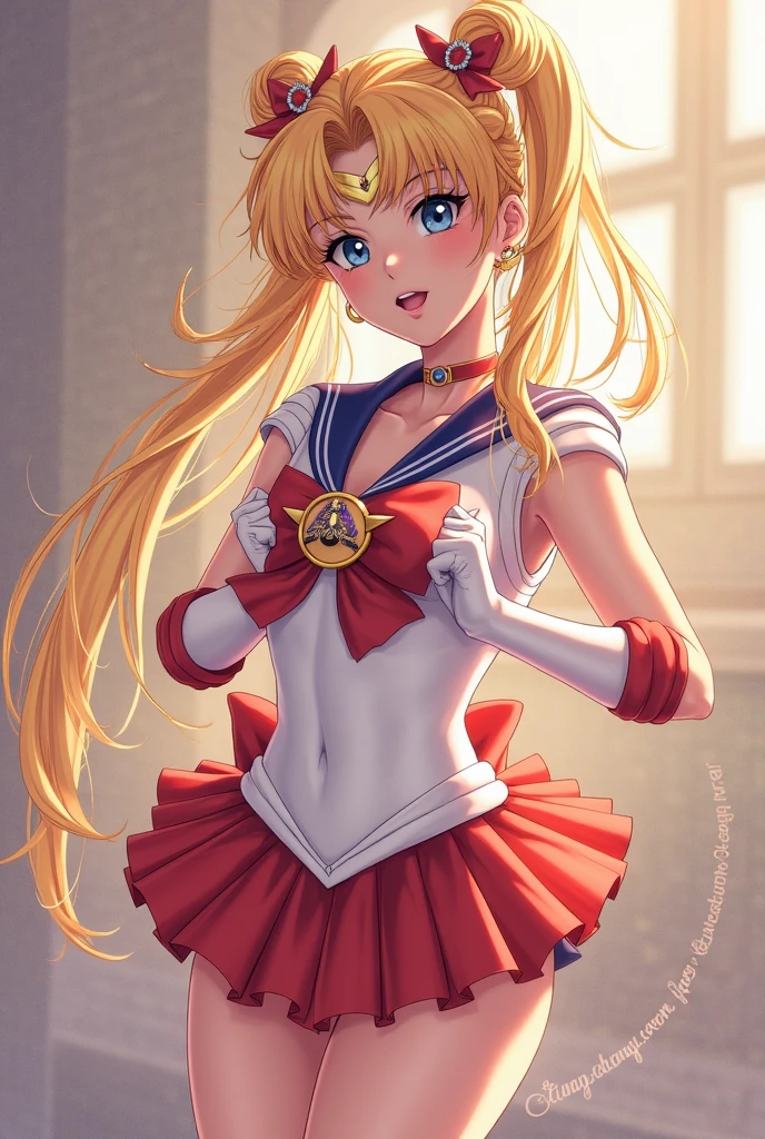 masterpiece, best quality, 1girl, solo, (sailor moon:1.1), twintails, blue eyes, white gloves, miniskirt,