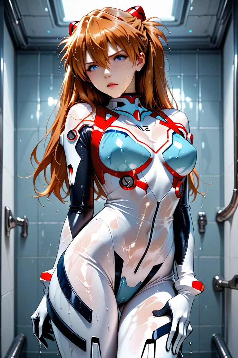 A Female robot exposes her inside mechanical organ. spread legs, nude, banzai pose. she wears no dress. Her Brown very short pigtails is tied with two big red clothespins, masterpiece, mature, android, blue eyes, full body, Height: 160cm, flushed cheeks, Uplifting, No NSFW, whole body, barefoot, archaic smile, orgasm, sweat bucket. no panties, full body shot, floating hair, looking away. cyborg made from rung to heaven. She leans arching her back hi-res position.