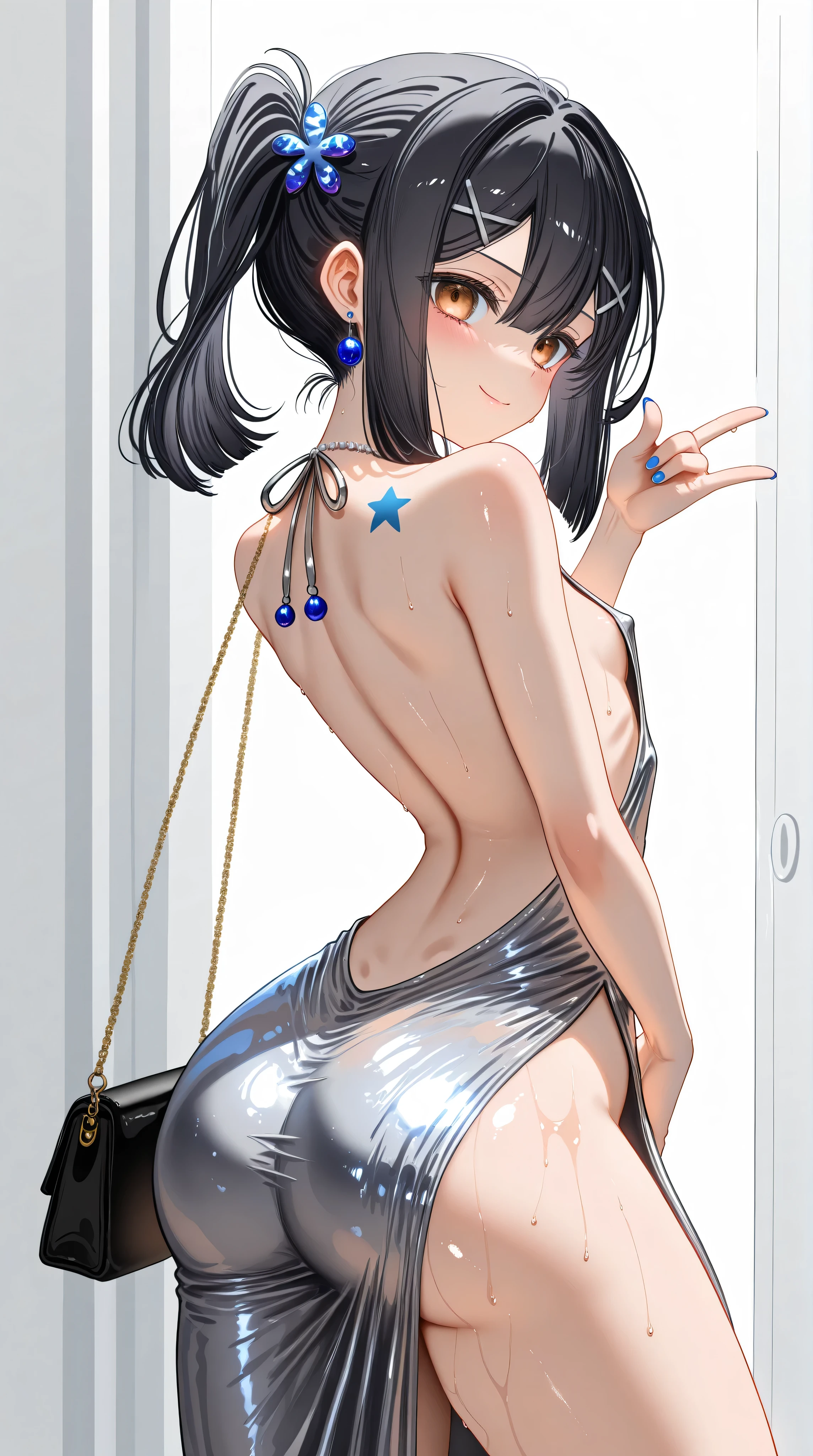 1girl,(Miyu Edelfelt),loli,toddler,petite,cute face,black hair,brown eyes,evil smile,solo,huge ass,colored skin,erect nipples, jewelry, dress,necklace, bangs,x hair ornament, bare shoulders, side ponytail, halterneck, plunging neckline, sidelocks, halter dress, backless outfit, silver dress, nail polish, backless dress,closed mouth, blush, bag, revealing clothes, earrings, hairclip, handbag, sweat, looking at viewer, evening gown,star tattoo on backneck,(jojo pose,Kakyoin pose), jojo pose,back,from side,standing,leaning back, legs apart,\m/,\n/,center opening,navel,thighs, blue nails, flat_chest, official alternate costume, hair between eyes, best quality, amazing quality, very aesthetic, absurdres,masterpiece,best quality,newest,highres,absurdres,very awa,shiny skin,(artist:loika:0.5),(artist:xiaoshou xiansheng:0.8),artist:rin31153336,artist:gawako,(oiled),