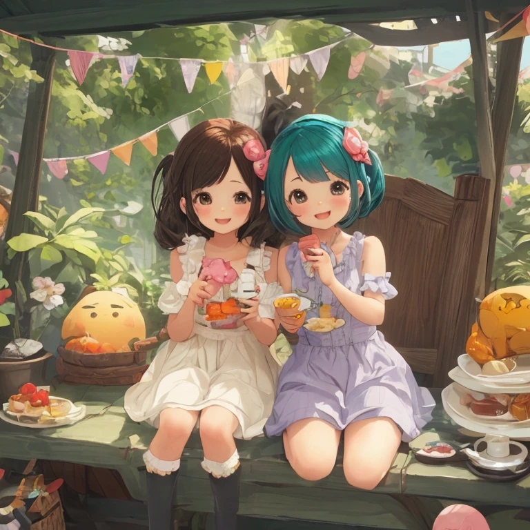 masterpiece, (2girls and 2girls and 2girls and 2girls at picnic), idol, big eyes, kawaiitech, kawaii, cute, pastel colors, best quality, happy, deep background, symmetrical, tilted head, summer
