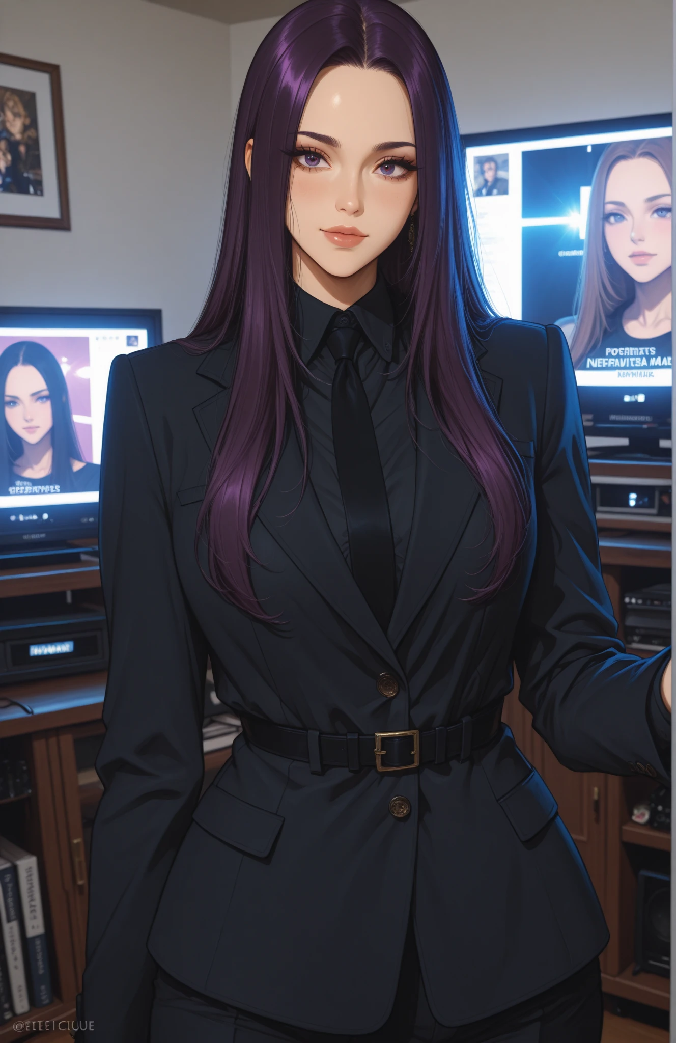there a woman in a suit and glasses standing in a futuristic room, dark red hair, light orange eyes, resting bitch face