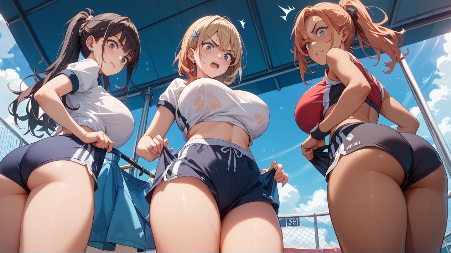 nsfw:1.6, Top quality, ultra high resolution, , (top quality, high resolution, 4K, detailed lighting, shaders, perfect anatomy, perfect proportions), eye of the beholder, (masterpiece, top quality) (top quality, 4K, 8K, high resolution, masterpiece: 1.2), highly detailed, (masterpiece: 1.3, top quality, ultra high resolution, ultra detailed), (top quality: 1.2), perfect eyes, perfect face, (top quality, 4K, 8K, high resolution, masterpiece: 1.2), highly detailed, (top quality, 4K, 8K, high resolution, masterpiece: 1.5), masterpiece, top quality, ultra detailed, top quality, high resolution, 32K CG, very delicate and beautiful, illustration, high resolution, sharp focus, very beautiful and detailed anime face, very detailed eyes, ((masterpiece)), ((best quality)), (super detailed), ((cute)), cute, ((very detailed)), 4K, (8K), best quality, (best quality, 8K, 32k, masterpiece, super high resolution, very detailed, impressionistic:1.2), blurred background, (two arms) , (two legs), (four fingers and 1 thumb) , only one belly button, Bare shoulders.
Cute American high school girls, school gym, beautiful sunset, 3 girls standing side by side:1.5, cheerleaders:1.5,embarrassed face: 1.3, blushing, laughing: 1.4,lifting up their clothes to show off their brassieres: 1.5, nipples peek: 1.6, slender body: 1.3, full body:1.3, from above:1.2