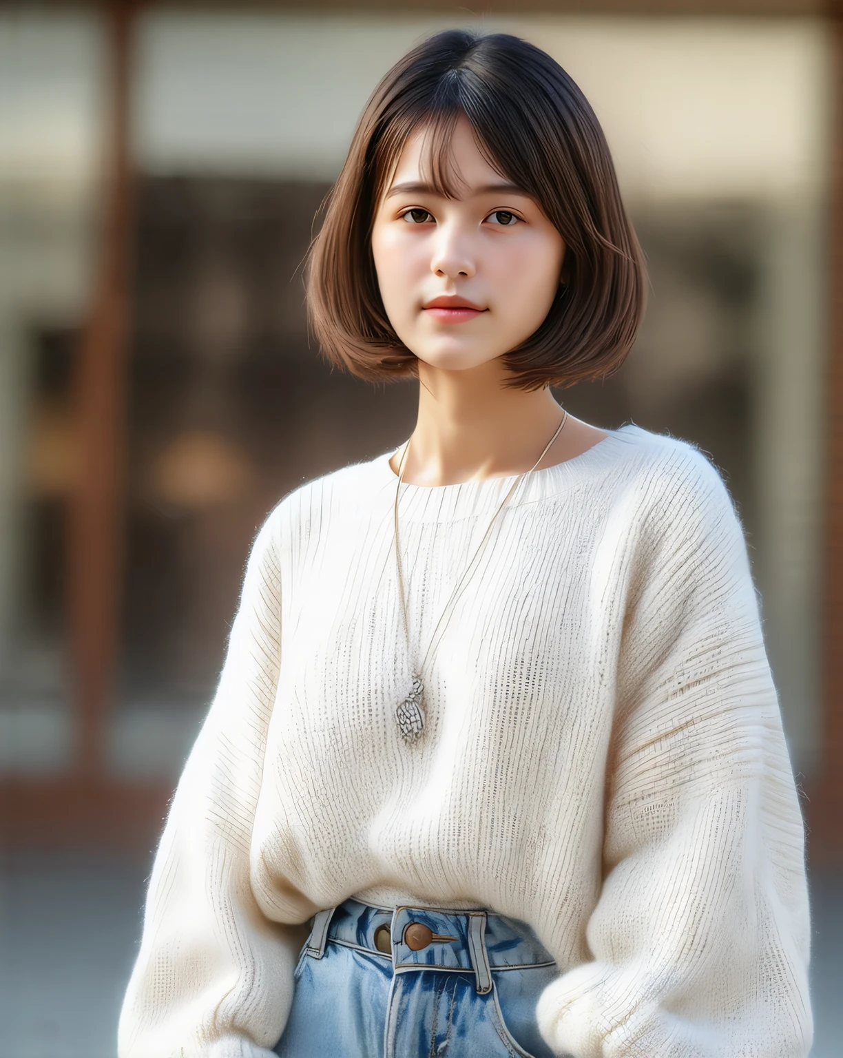 (Best Quality, 8k, 32K, masterpiece, Ultra High Resolution:1.2),pictures of beautiful Japanese women, big breasts, very short bob hair,full body,(oversized_ sweater ,:1.1) necklace, simple background, look around, denim_skirt,full body,