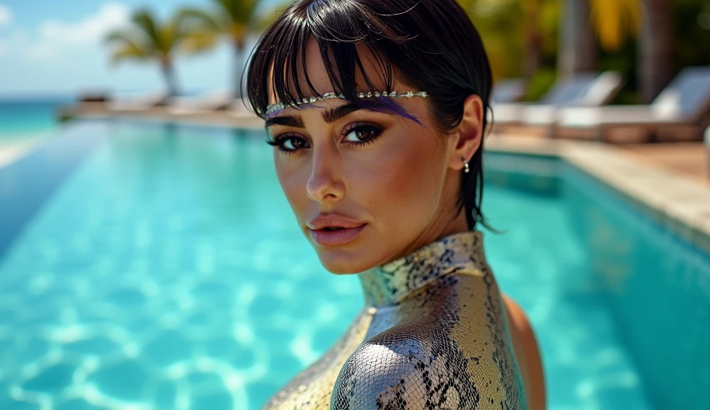 (masterpiece, photorealistic:1.4, extremely intricate:1.3), (photon mapping, radiosity, physically based rendering, ultra resolution, hyper-realistic, photorealistic:1.4, hyper-realistic, 8K, rtx), female, 19 years old, ((solo teenage 1girl [waif:supermodel:0.2], (short curly [glossblack hair:bright ginger hair:0.7], [medium breasts:large breasts:0.3]), ((humid, moist, black red swimsuit, (cheekbones))), ([skin detail:freckles:0.7]), sharp focus beautiful perfect face)), outdoors, pool, intense sunlight, cinematic, bokeh, BREAK, (((dynamic pose, Photograph on Fujifilm)))