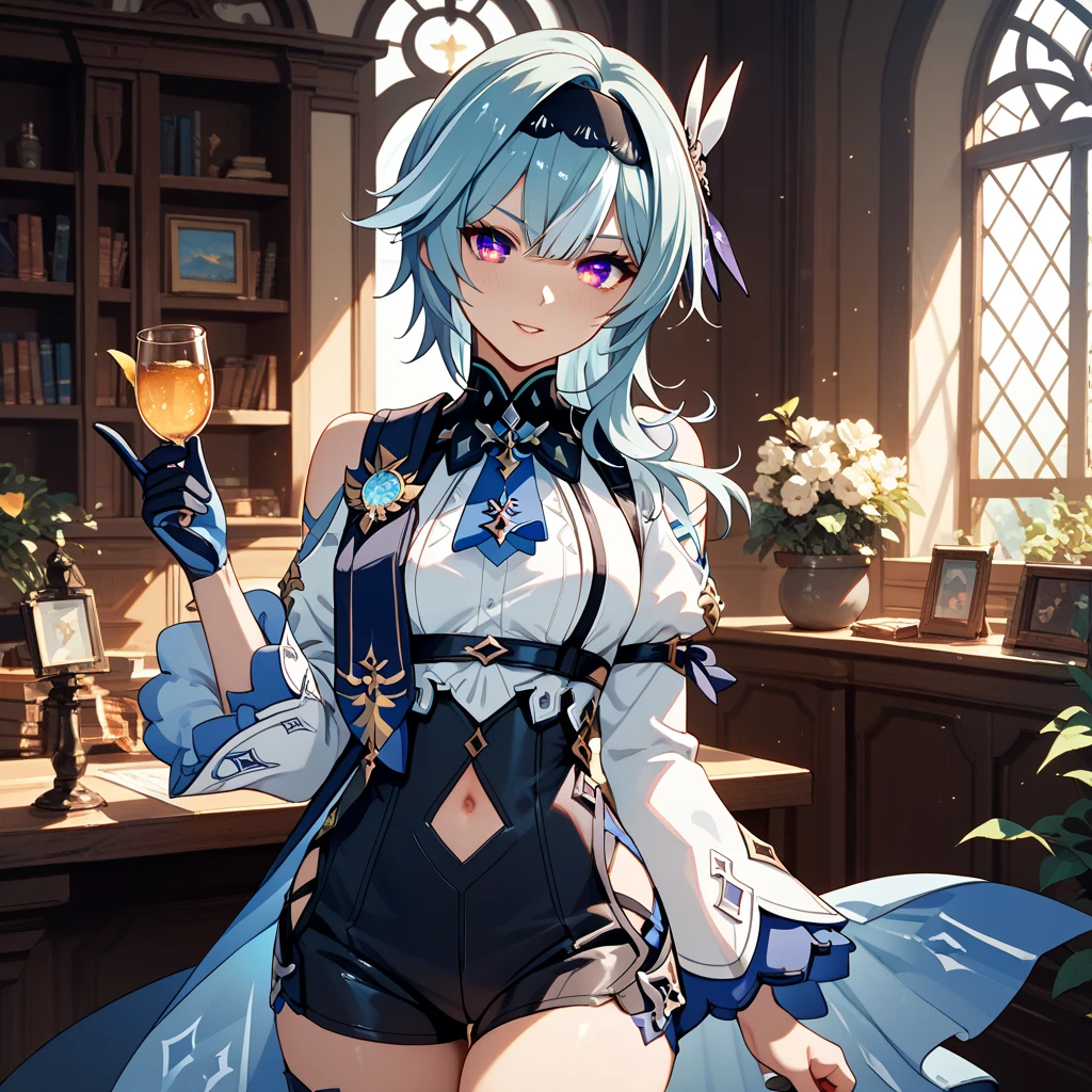((Masterpiece)), best quality, cowboy shot, good anatomy, good anatomy, (detailed face), outside, day, morning warm lighting, ((realistic faces)), realistic anatomy, solo, (((((loli))))), flat chest, silver hair, long hair, bright blue eyes, tight body, slender legs, lab, (alchemy), potion, vial, (smile), (((((naughty face))))), (cheeky), ((clenched teeth)), (dominant), revealing clothes, navel, mini skirt, stockings, mature, fair skin, curiosity, (excitement), light, shimmering liquid, uncork, small vial, gleam in eye, ((fantasy)), ((alchemist)), (thick thighs), stockings, ((((skindentation))))