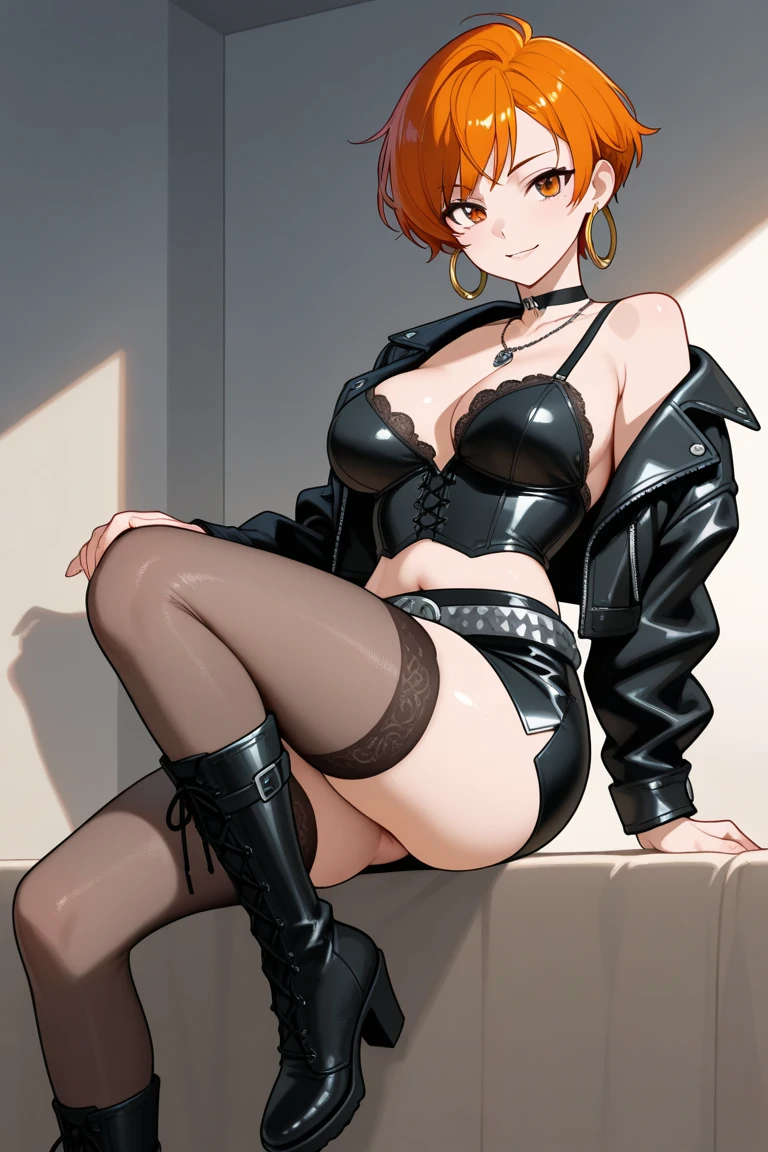 nsfw,,,,(sara valestein),(sen12),1girl, large breasts,choker, belt, yellow eyes, red hair,((high heel boots, Knee-high boots)),