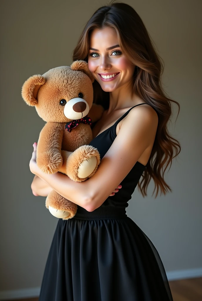 a beautiful woman, brunette, sculptural body, generous cleavage, big ass. She is dressed as a sexy student. She holds a stuffed bear.
