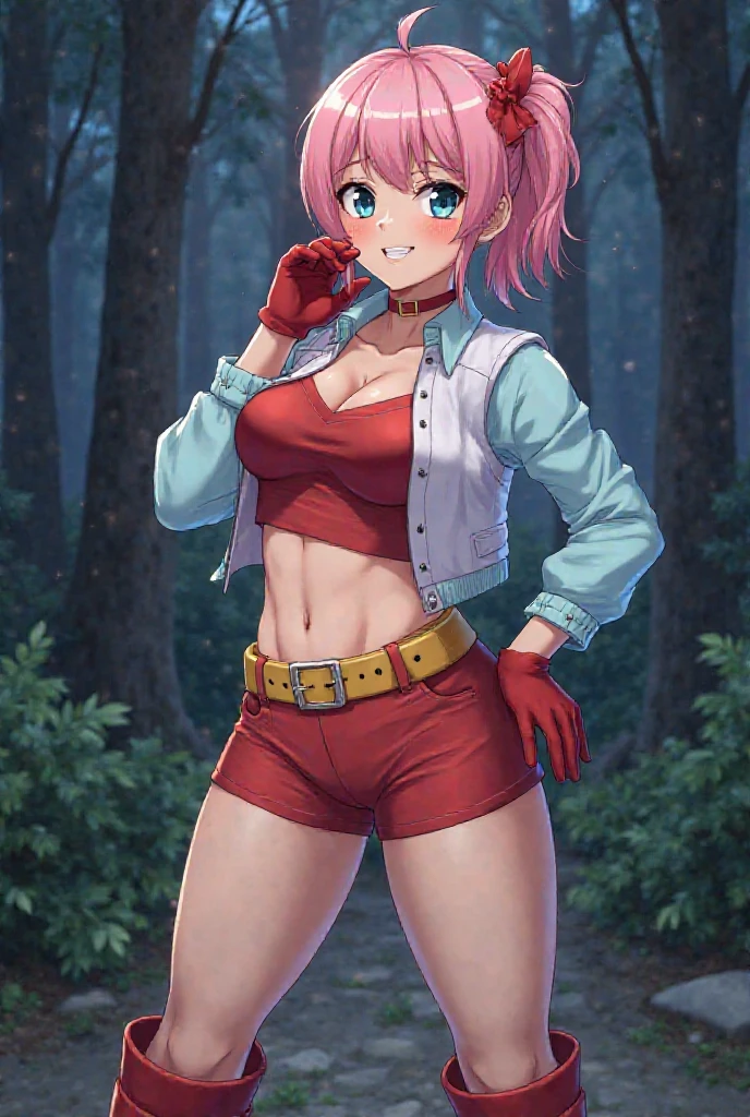 1girl, (masterpice), (high resolution), (8K), (extremely detailed), (4k), (CG), (perfect face), (best quality), (nice face and eyes), (super detailed), (solo), <lora:sakura:0.6>, haruno sakura, trees, wind, smile, red vest, black shorts, pink fingerless gloves, dynamic pose, headband