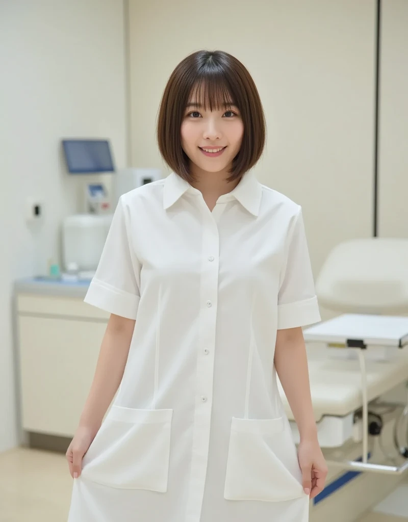 masterpiece, best quality, 16K, hospital, operating room, old woman, interior photo, glad, smiling, standing, front view, long hair, ponytail, black hair, eyes open, (large breasts:1.32), (wrinkles corners eyes:1.32), (nasolabial:1.32), (old skin:1.32), freckled skin, wrinkles skin, pale skin, (old muscles:1.2), plump, {(nurse), (breast pocket), (collared dress), (short dress:1.45), (short sleeves), (thighs), (pink dress), (pink headwear), (red stethoscope), (white ankle socks), (white sandals)}, beauty mark, 50-year-old, old, elderly, japanese, inside, in the hospital, with a operating table, in the afternoon, real person, ultra realistic photo, nsfw, full body shot, from front, front view