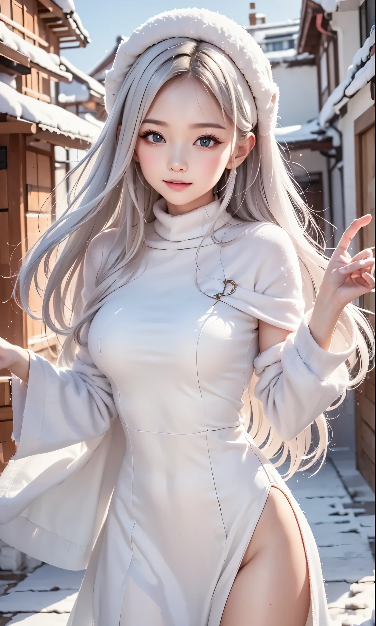 top-quality, 8K, ultra-detailliert, masterpiece, top-quality, Hi-Res, SH1, Black Hakawa, white hair, The long-haired, Cat's ears, (Yellow eyes:1.5), Cat eye, Pink pajamas, in a house, Cat Pose, looking at the viewers, Bewitching look, open open mouth, Fangs are visible