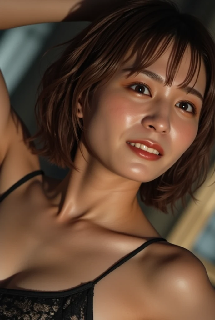 Skin Tight Black Top:1.2, Looking at Viewer, Cinematic lighting, Perfect, softlight, High resolution skin:1.2, Realistic skin texture, Realistic face, off shoulders, Exposed cleavage, Blue eyes, Short hair,Bust B Cup、Small breasts、no-makeup、fullnude、Gray background