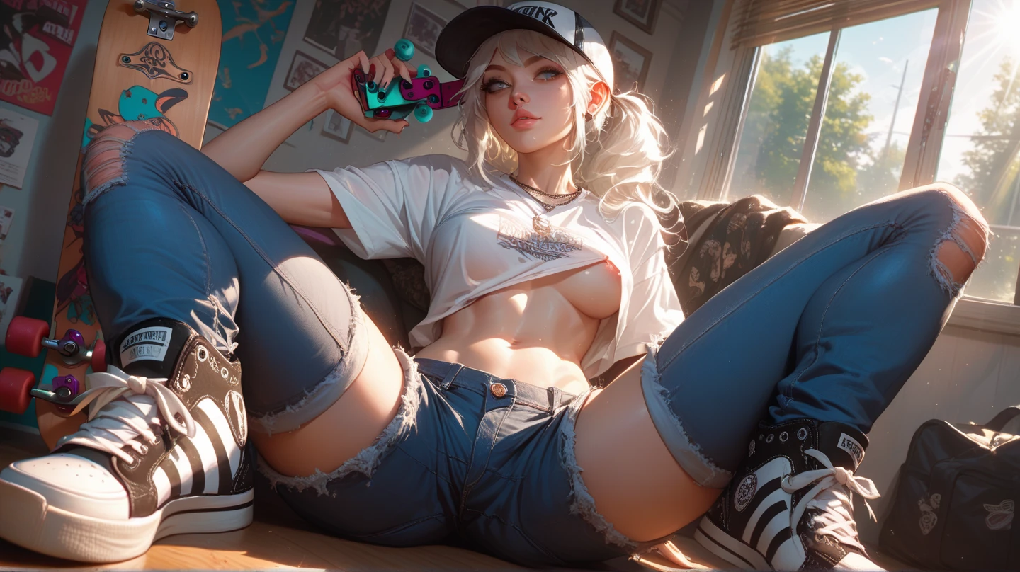 Obra maestra inmejorable, ultra-realista 8k CG, arte perfecto, super detailed, obra maestra, sthe highest qualit, high resolusion, manic detail, Hi-Def, alta calidad, cara detallada, extremidades corporales detalladas, 1girl, solo,noelle,pelo blanco, ropa sin mangas noelle, cama de mujer, camisa sin mangas, prenda de rejilla, labios oscuros, chaqueta sin cremallera, sin sujetador, sin bragas, senos expuestos, rubor, medias blancas, ropa transparente, exposed pubic hair, dedos de los pies de camello, como jiri, pechos extremos, cuerpo femenino extremo, En todo el cuerpo, la mujer yace en la cama, pupilas blancas,gran trasero,muslos grandes,grandes pechos,looking back