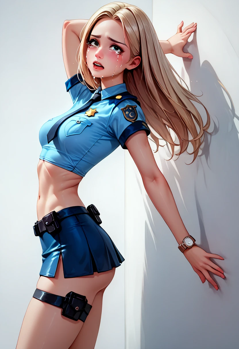 Woman, European and American, Reality, (Berets) (Headphones) (High Fork Tights Police Uniform, Police Logo) (Pantyhose Fishnet Socks), (Lips slightly open, light smile), (Shiny skin: 1.1), Blush, (Looking at the audience), (Camel Toe), (Bodybuilding), (Full Body), Masterpiece, Highest Quality, High Resolution, Absurd, Realistic --auto