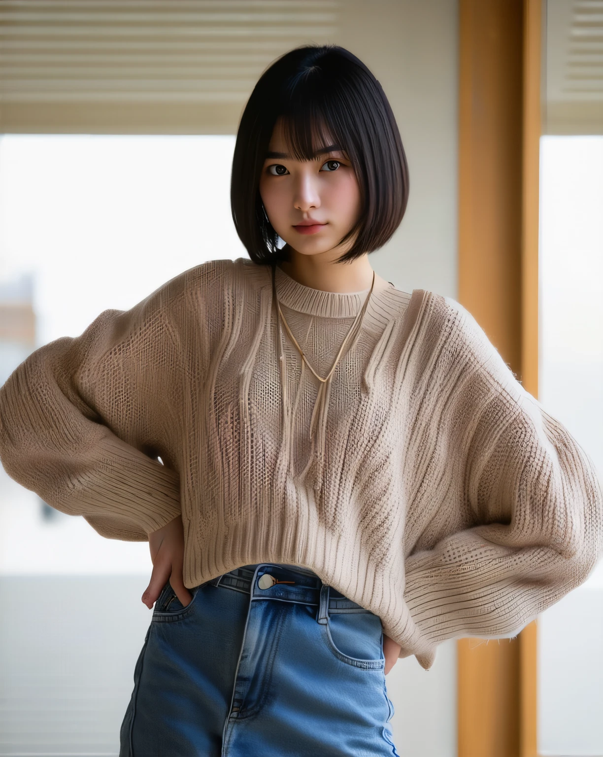 (Best Quality, 8k, 32K, masterpiece, Ultra High Resolution:1.2),pictures of beautiful Japanese women, big breasts, very short bob hair,full body,(oversized_ sweater ,:1.1) necklace, simple background, look around, denim_skirt,full body,Striking a pose