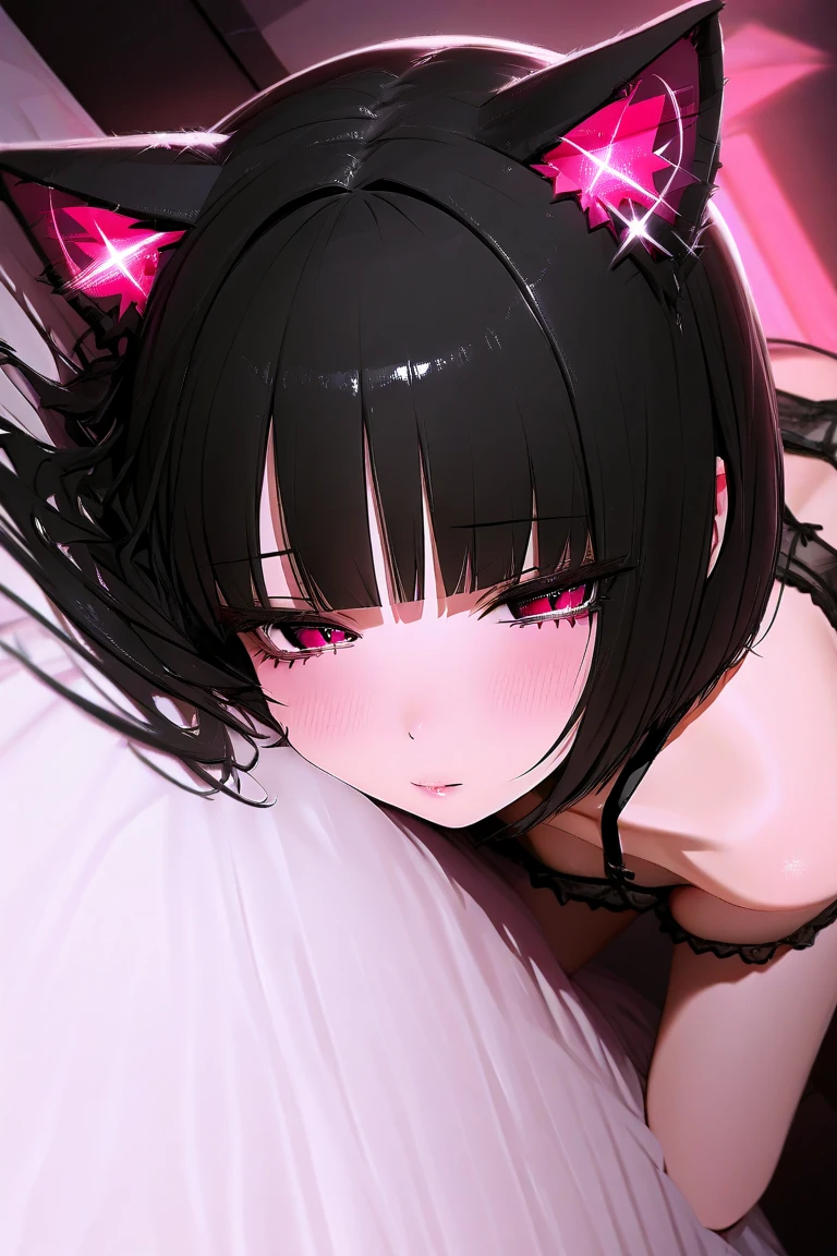 1girl, 2solo focus, Beautiful portrait of an anime goth girl with short black spiked hair lying on a bed, looking up with excitement, black spiked choker, red underwear, 21 years old, goth girl, goth makeup, imminent love, turned on, masterpiece, volumetric lighting, 8k, ultra detail
