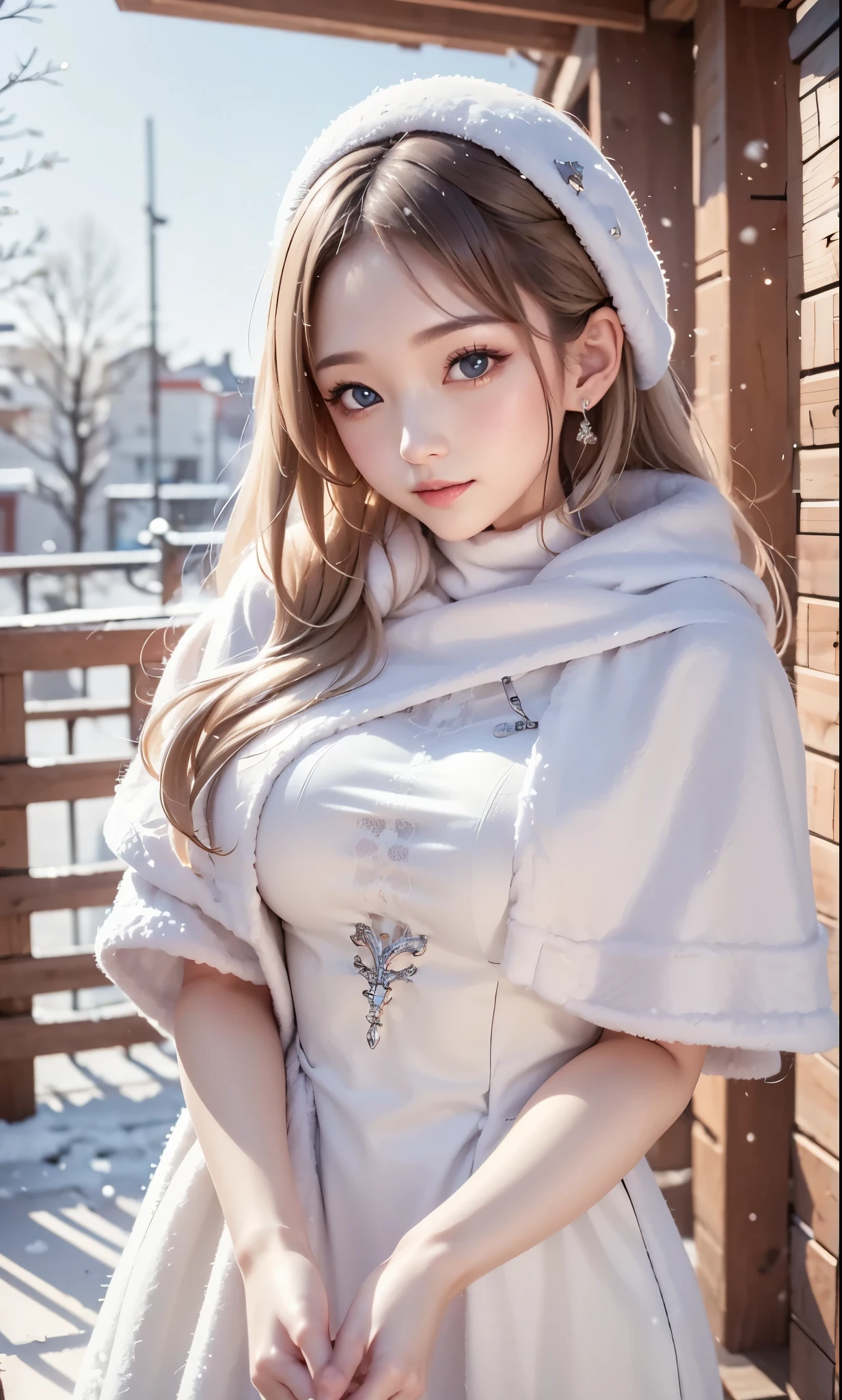 that daughter,squatting and sitting,Bareleged,(Focus on the thighs),((External,Actual heavy snowfall,cloaks,blanketed in a mantle of snow,(Lolita costume), Horizontal viewing angle)), fission, Brandon Flake, (8K, ........primitive, professional, Best quality at best, tmasterpiece: 1,2), (Endless realism), ultra - detailed, (35mm portrait wide angle), (Skin with the highest level of detail: 1,2), (Detail on the dial is at the highest level:1.2), 电影灯光, (ventania), natta, warm white light, looking at the camera in, naughty pose,Old European-style castle,