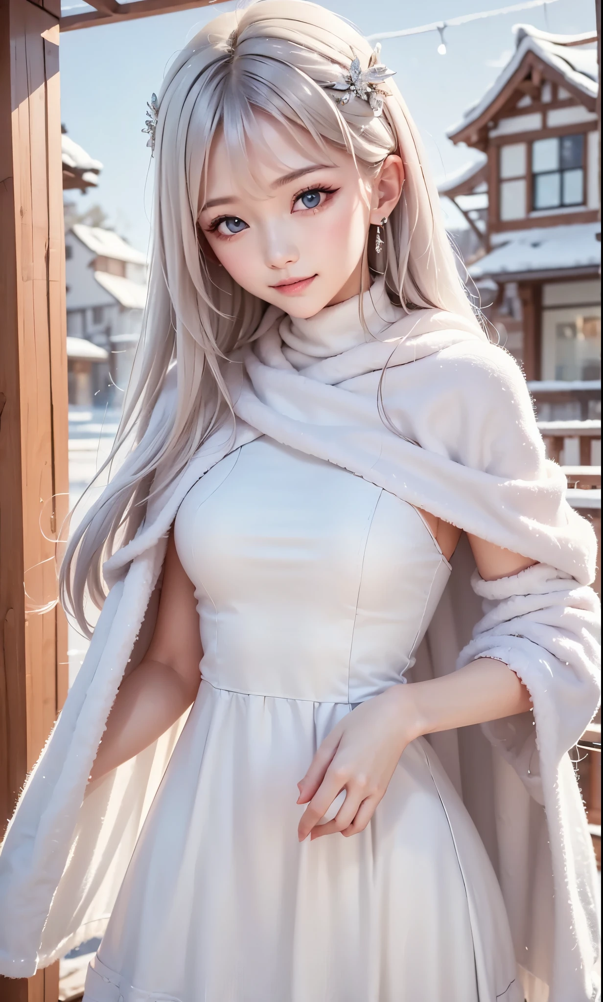 silver world、 cute playing with cats、beautiful、white curly hair 、Girl in a Coat 、Winter Town、Portrait、
