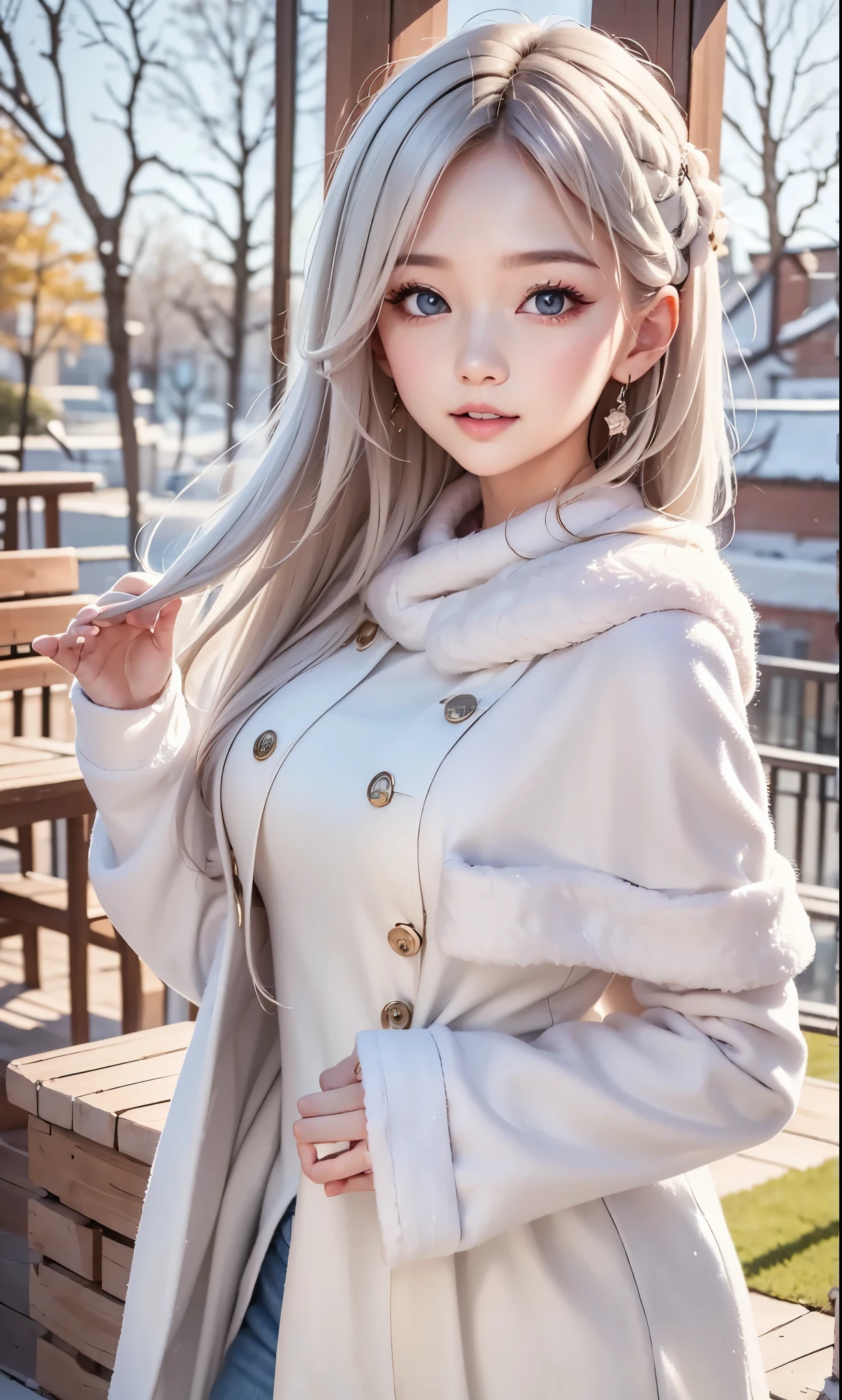 silver world、 cute playing with cats、beautiful、white curly hair 、Girl in a Coat 、Winter Town、Portrait、