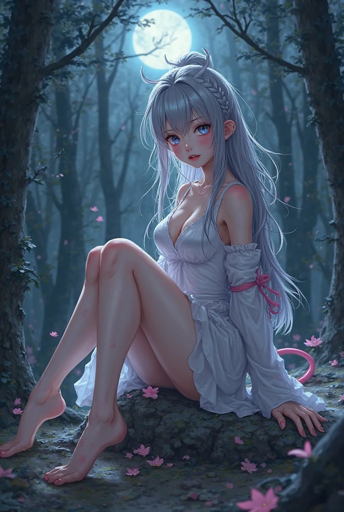 photorealisim、top-quality、超A high resolution、a picture、Photo of an exquisitely beautiful Nordic-born girl、Extraordinary beautiful girl、Highlights of cheek luster、Detailed cute and beautiful face、(pureerosface_v1:0.008)、Beautiful bangs、Glowing white shiny skin、Bangs between the eyes、shiny and beautiful hair、Silky hair、finer hair、High-definition eyes、Beautiful, Bright and clear, Big eyes shine charmingly、eye liner、Double eyelids、Full body like、dismay、red blush、embarrassed from、glares、 shiny little necklace and earrings, shiny lips: 1.4, humiliated、impatience、dismay、Frightened、glares、Exposed cleavage、(A large amount of sperm in the chest:1.4)(Large amount of sperm in the thighs:1.2)、red blush、Tears are embarrassing、White underwear、White bra、Open knees、open one's legs、Masturbation behavior、Disheveled clothes、Dressing、Exposed panties、Wearing sweat、sodden、Sheer underwear、Neat and clean woman,25 years old, (Monotone monastic clothing: 1.5),veils、Wavy Hair, Silver-white hair, bangs flowing diagonally, Medium Long Hair, Green-gray eyes, huge tit、in woods, Sitting on the ground、