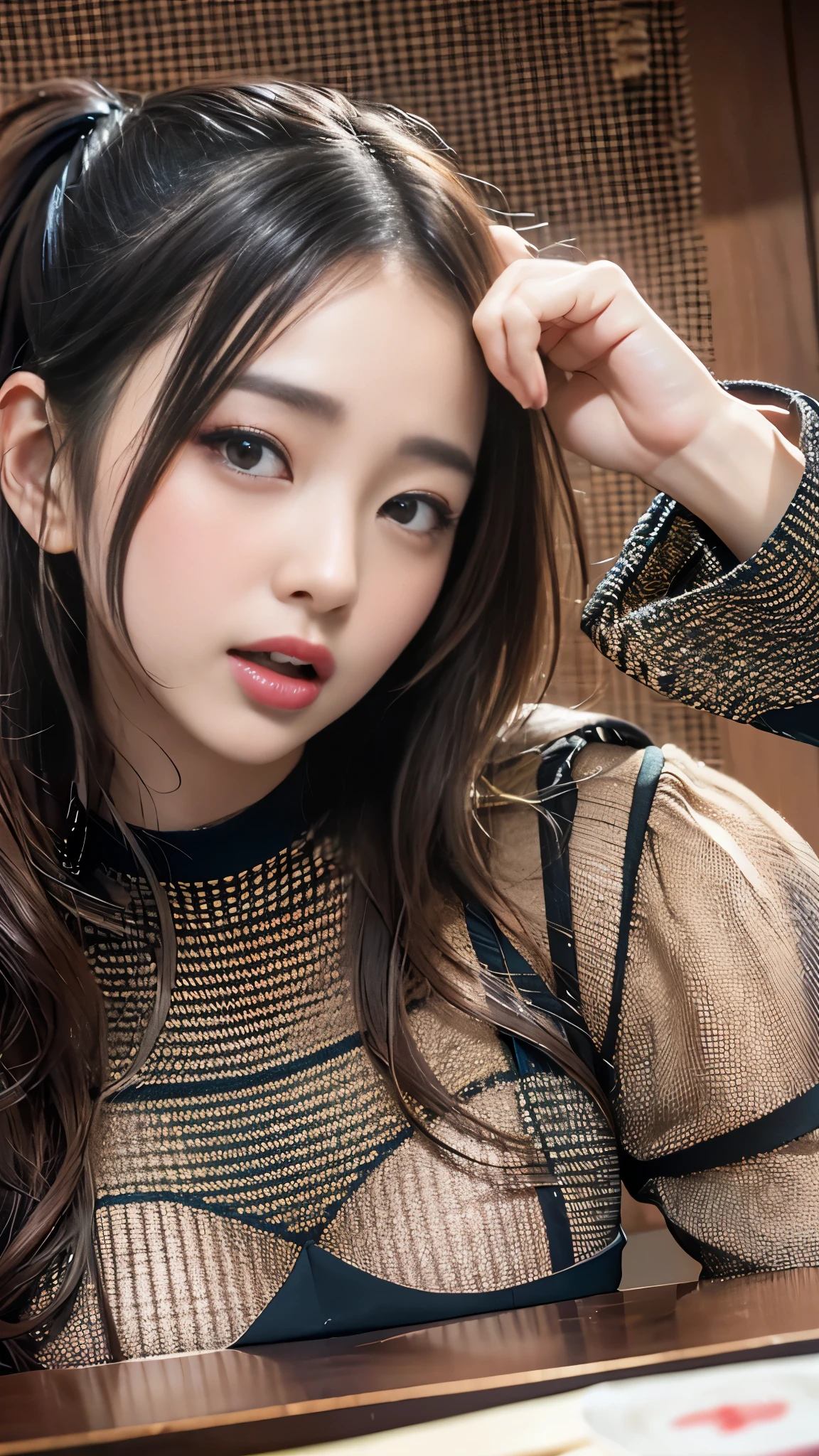 table top to pinch , Best Quality, shape, 非常に detailsな, details, high image quality , 8k Wallpaper, Perfect Dynamic Composition, beautiful details , natural lips, Long Sleeve Black Knit Dress, small breasts, ランダムにcuteポーズ, RAW photo,K-POPアイドルのface,cute, face,,(( random sexy poses 、put in、Deep joy, drunk eyes:1.2)), (( I take my breath hard:1.2))、(( ecstatic face、 Climax expression、 my whole body trembles)) 、 Official Art,非常に detailsな CG Unity 8k Wallpaper, (masterpiece:1.0),( Best Quality:1.0), photo shoot, 8k, play, high image quality , Kodak Portrait 400 , film grain, lens flare glow, very low camera angle , watch viewers
