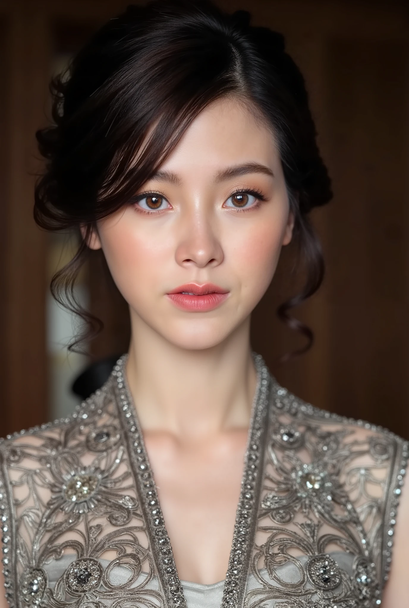 (masterpiece), breathtaking ancient woman, (ancient dress), (close up portrait), neat and ordery hair, (frontal view), highlighted intricate details, ultra detailed facial features, harmonious color palette, showcasing grace and beauty, winning award quality, (symmetric face), (symmetric body), ultra-detailed, 8K resolution, capturing cultural essence in exquisite artistry, serene and enchanting ambiance.