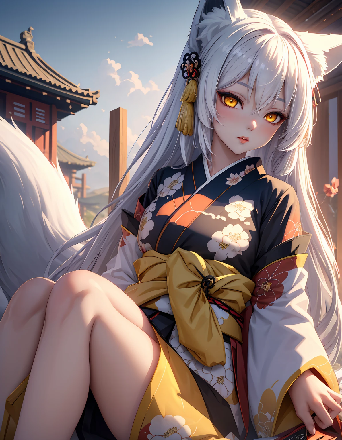 Masterpiece, best quality, 1girl, yellow eyes, long hair, white hair, sitting, red kimono, big breasts, topless, faceless, arms behind back, natural, hair accessories, nsfw