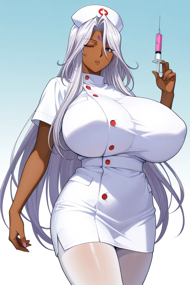 (long white ponytail hair), (dragon horns), (nurse), hospital, (huge juicy breasts:1.2), (cleavage), (nurse dress:1.2), milf, busty, slim stomach, wide hips, beautiful face, professional lighting, glistening skin, high quality, (seductive pose:1.2)
