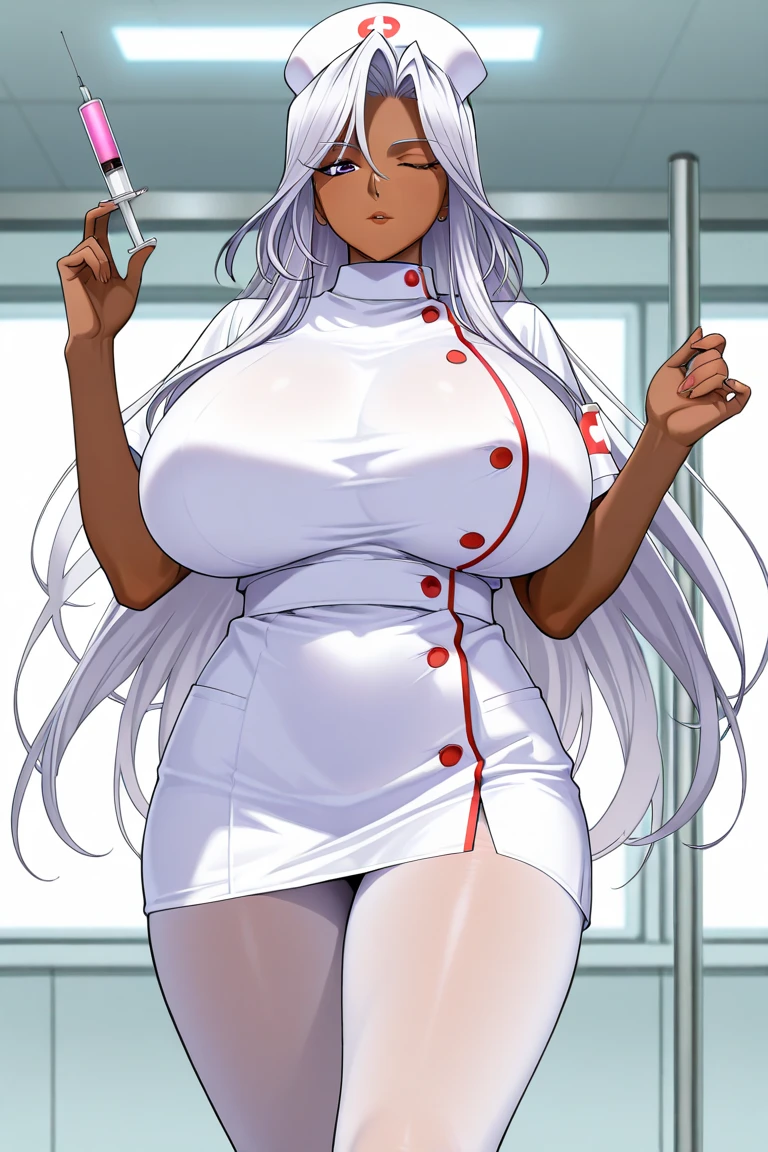 top-quality、Full limbs、complete fingers、1 beautiful woman,(ideal ratio body proportions:1.5),mole under eye、sweat、Slender beauty、blunt bangs、straight haired、silver hair、((white Leotard Nurse Uniform))、(coverd nipples:0.9)、very skinny、cleavage、 nurse hat、White pantyhose、hospitals、Hospital Room、on Patient bed、used condom、vulgarity、spoken heart、(bikini tan:1.5),(from side:0.8),(looking at camera:1.4),