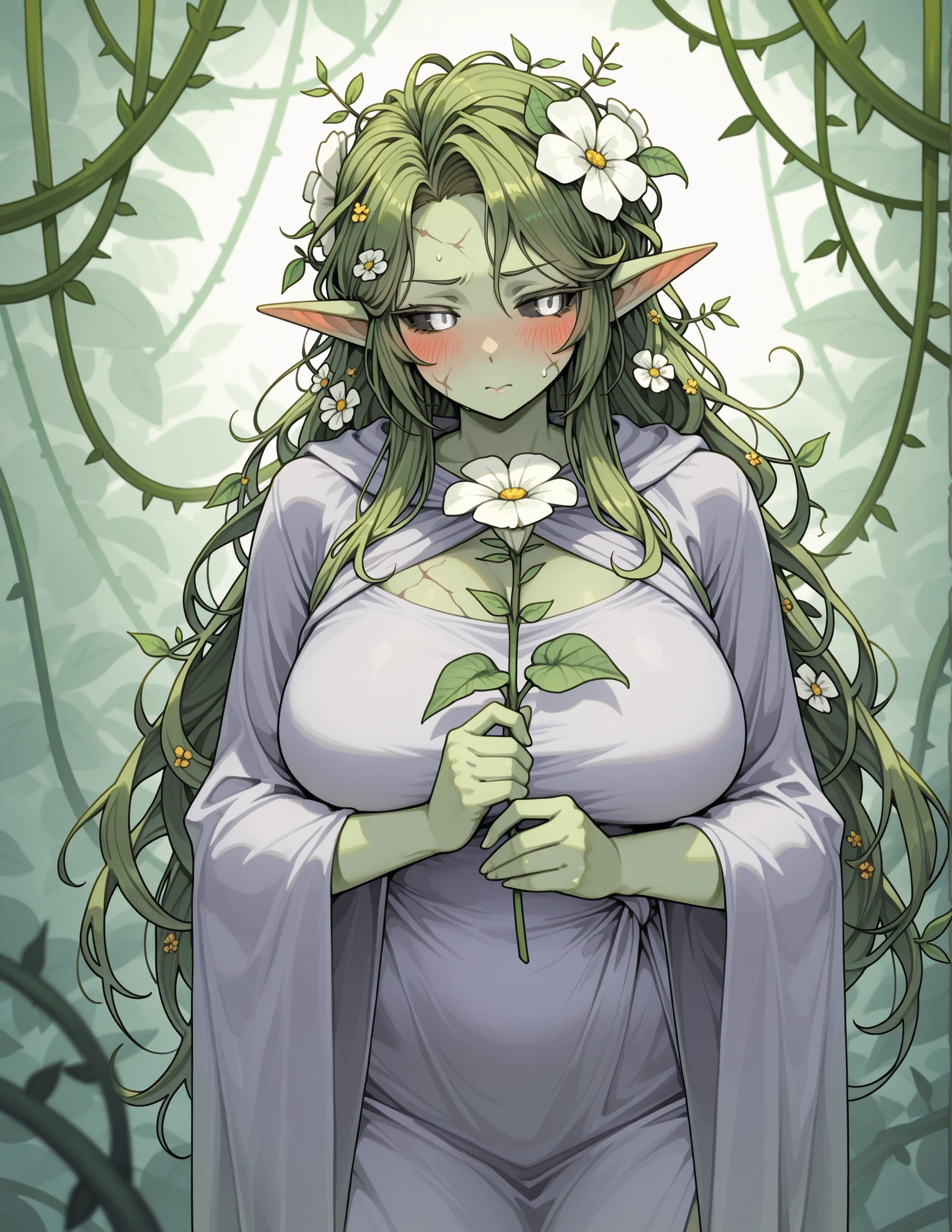 (masterpiece), best quality, expressive eyes, perfect face, long hair, twintails, green eyes, grey hair, gray eyebrows, pointy ears, elf, earrings, ((nude)), (full body), (1girl), Full body view, In a haunted cemetery, nsfw, ((Nico robin \(one piece\)))