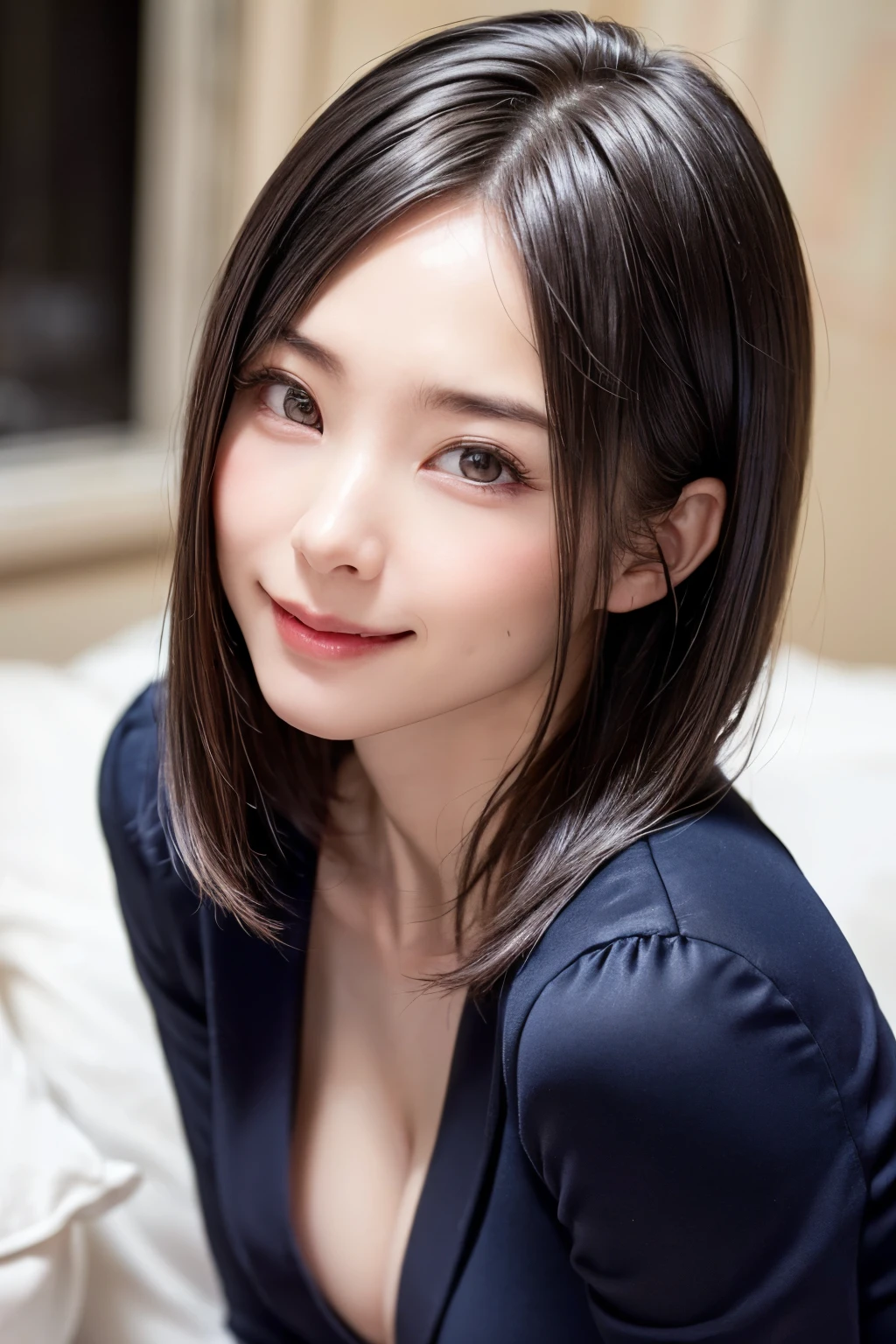 masutepiece, Best Quality, Illustration, Ultra-detailed, finely detail, hight resolution, 8K Wallpaper, Perfect dynamic composition, Beautiful detailed eyes, sexy underwear,Bob Hair, mid-chest, Natural Color Lip, Random and sexy poses,Smile,20 years girl、Colossal tits、s Office、Suits、Suit jacket、teats