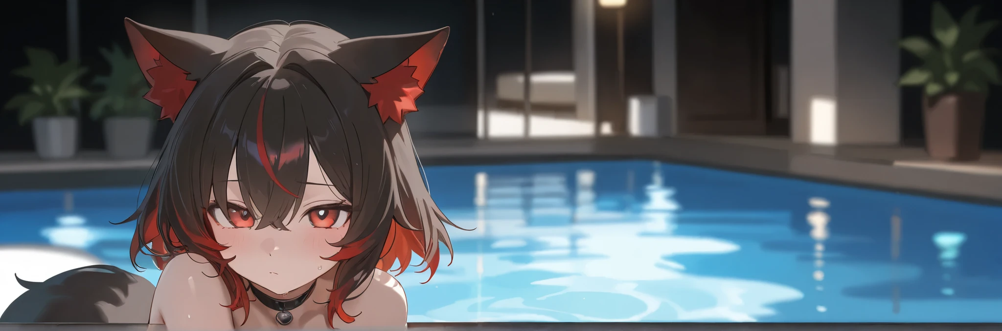 ((masterpiece)), ((best quality)), (ultra-detailed), pool, night, a cute girl, 1girl, solo, bikini, ((beautiful eyes)), smile