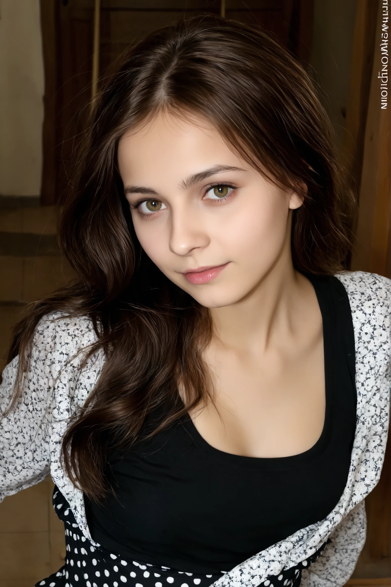 half-body, cinematic photography of French girl, 20yo, portrait, f2, noise, brunette, jpeg artefacts, bright lighting ,makeup on eyes and face, pink lipstick, looking at viewer, little smile, ((white unbuttoned shirt:1.4)) <lora:epiCPhotoXL:1>