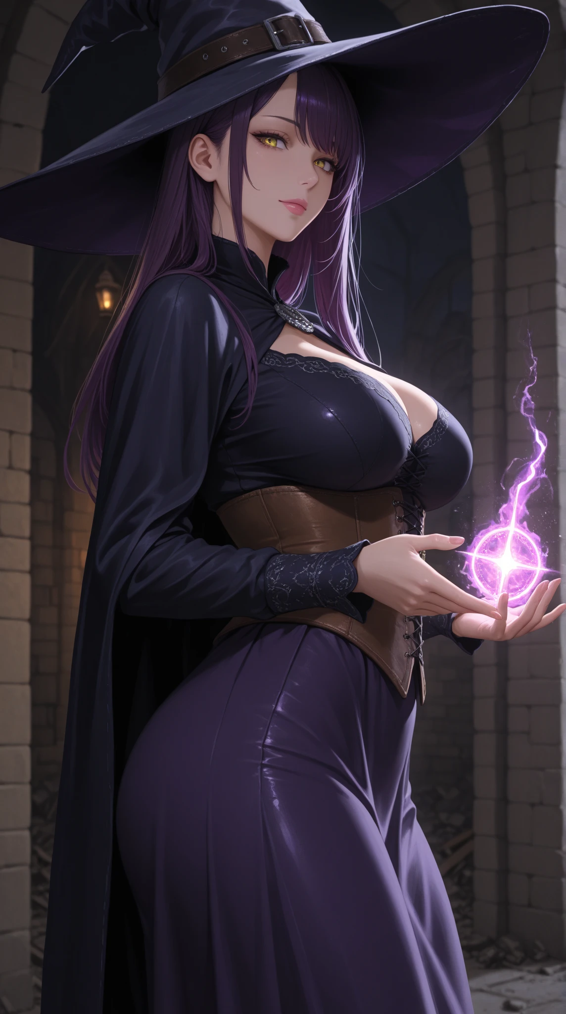 witch, big breast, spell casting pose, sexy dress