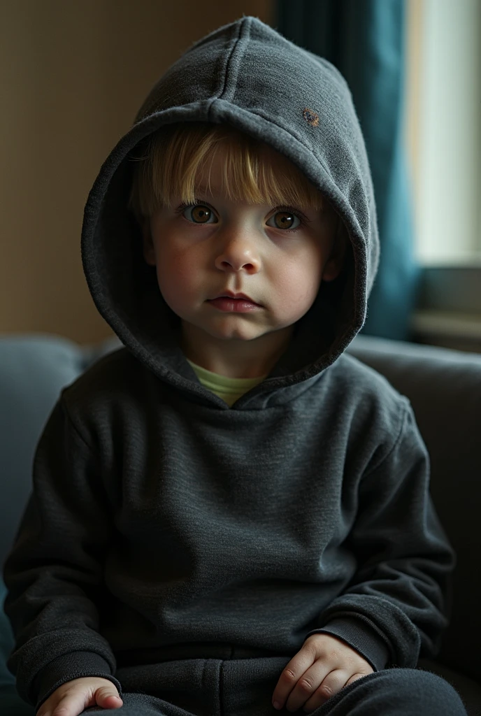 Make a boy wearing a gray sweatshirt, the sweatshirt is covering some of his hair, he is close to the camera looking straight ahead, blue eyes and blonde hair. he is in his room. make a realistic image