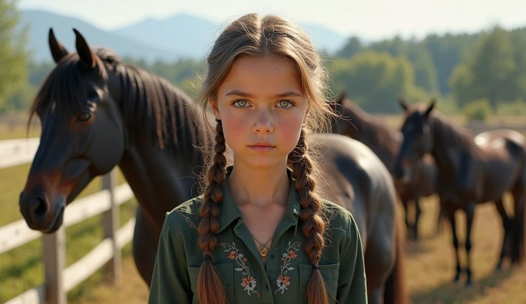 "A young girl with long brown hair styled in two braids stands in the ...