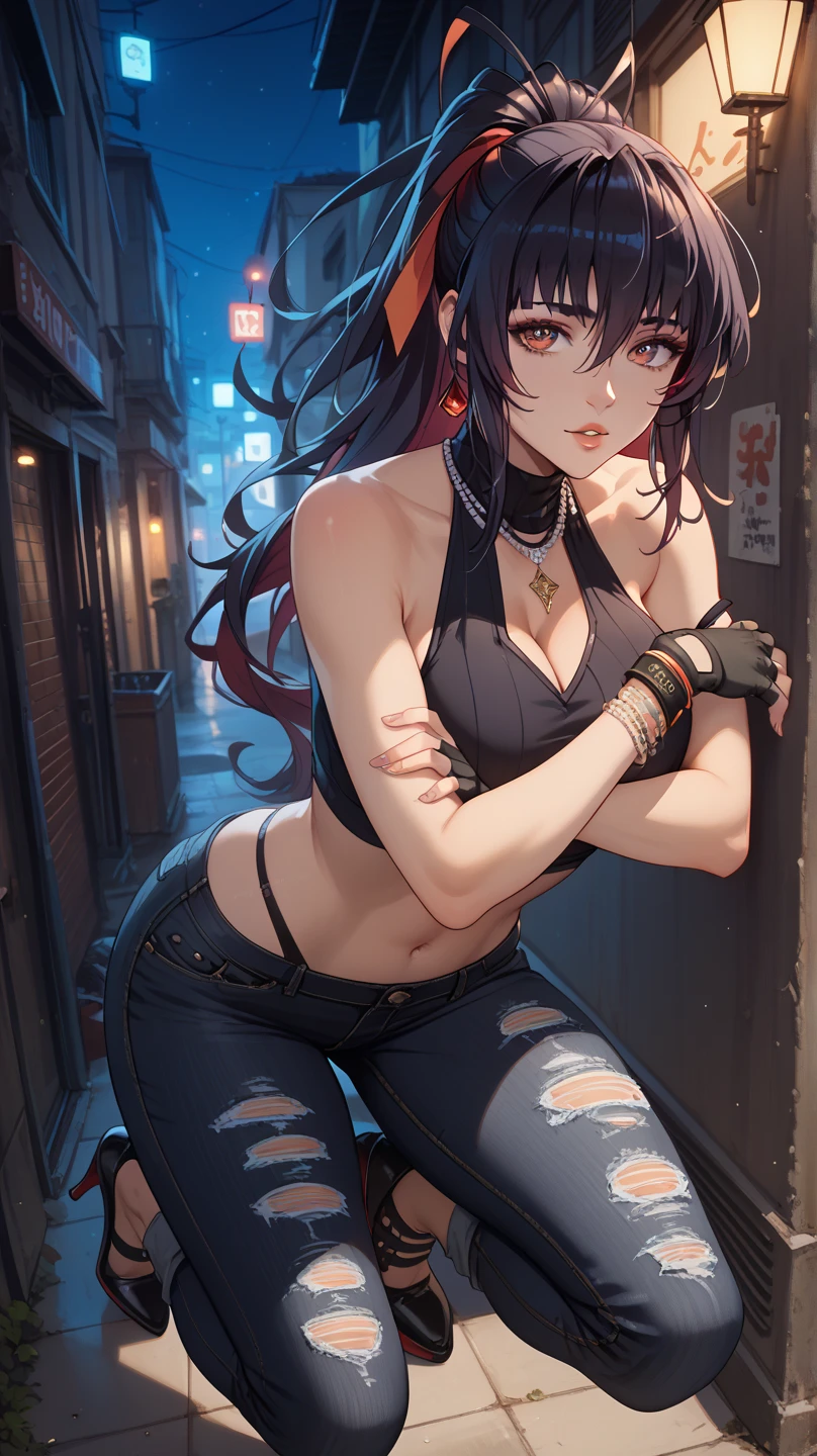landscape of multiple cute girls, seductive proportions, narrow waist, hyper realistic, ultra full body shot of girls in cyberpunk night city, leaning on a railing beside a road, sakura trees around the road, thick thighs, bare shoulders, railing, blushing hard, Glitter Eyeliner: 1.2, wide hips, medium chest, Detailed eyebrows, Detailed eyes, Detailed nose, Detailed lips, 8k, sharp focus, black shorts, Natural cheeks, Glossy skin, Fair skin: 1.2, Wavy Hair, volumetric hair, beautiful face, shoulder length hair, natural body posture, trending on Artstation, 64k, ultra detailed, ultra accurate detailed, surrealism, ultra unreal engine, epic, freckles, stomach, detailed legs, freckles, correct anatomy, cinematic light, Ultra HDTV, RTX, RTX ON, HDR, global illumination, ambient occlusion, high contrast, sky view, far view, volumetric lighting, detailed hair, detailed clothes, detailed textures, landscape view, expressive eyes, perfect face, slim-thick, seductive eyes, seductive proportions, same height, correct clothes, similar heights, no watermarks