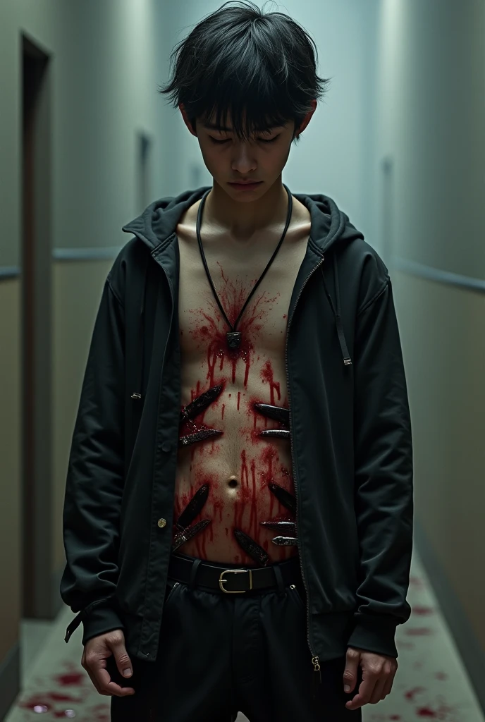 (masterpiece, best quality, highres, ultra-detailed), 1man, male focus, spiky black hair, grey eyes, handsome, detailed eyes and face, male body, earrings, ear piercing, unbuttoned black blazer, white shirt, trousers, bare collarbones, chain necklace, city slums background, by amano akira, full body, cigarette, cigarette smoke, guy smoking,1guy, masterpiece