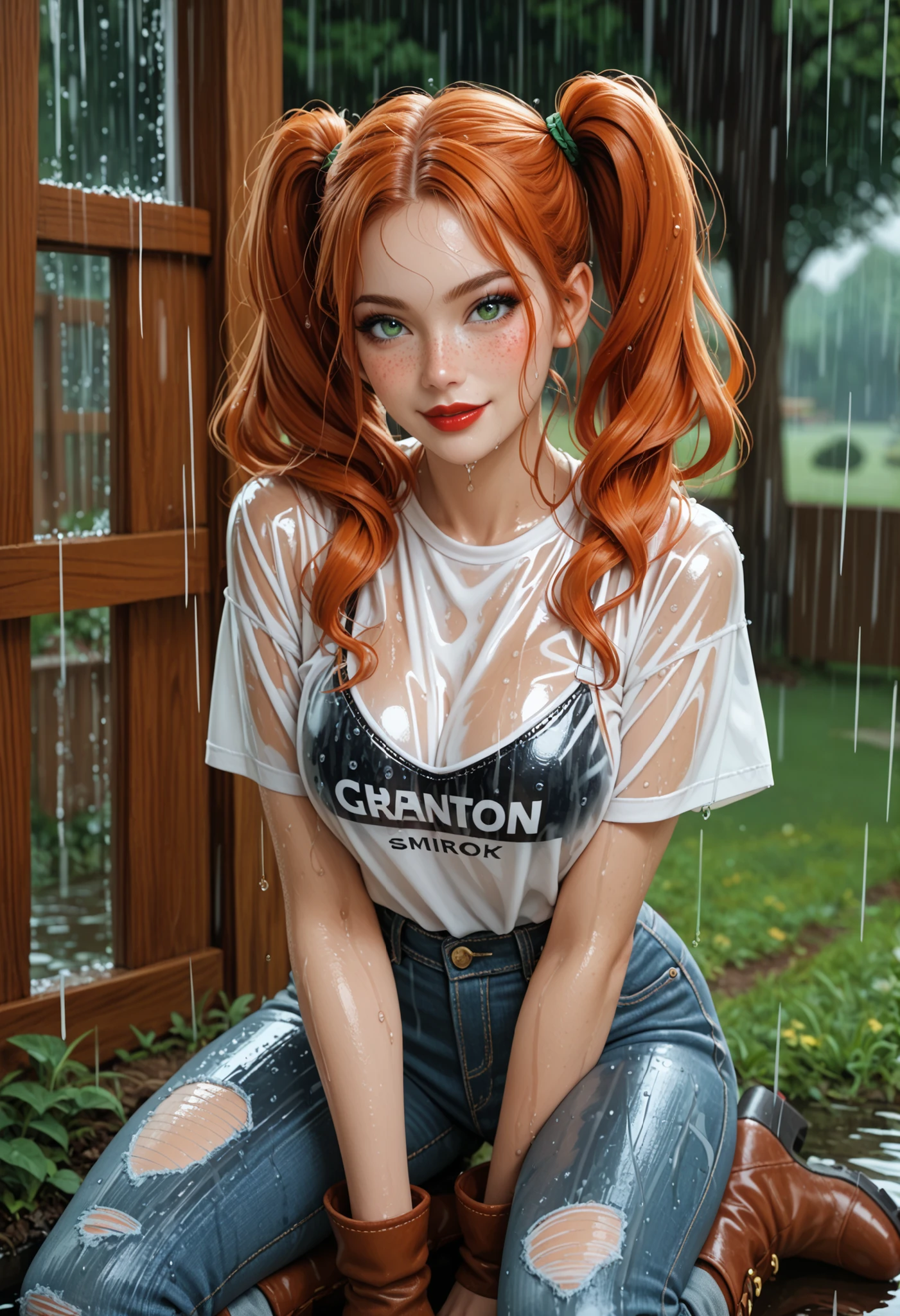 girl genie,(((1girl))),((girl with extremely cute and beautiful hair)),
(large breasts:1.4),(((orange hair:1.35,short hair))),(((eyes_orange:1.3))),intricate eyes,beautiful detailed eyes,symmetrical eyes,((fat)),((((lustrous skin:1.5,bright skin: 1.5,shiny skin,very shiny skin,shiny body,plastic glitter skin,exaggerated shiny skin,illuminated skin,wet legs))),(spider lower abdomen,narrow waist,wide hip,athletic body,inflated legs, thick thighs,detailed body,(detailed face)),
cute,slutty,seductive,erotic,(nsfw),
((woman mechanic wearing tattered worn-out stained military overalls)), ((his only clothing is overalls)), grunge, oily, sweaty, dirty, ripped)),show skin,((wet clothes)),
(dynamic pose:1.0),((happy)),(centered,scale to fit dimensions,Rule of thirds),
cyberpunk city by the ocean at night, with bright neon signs and dark stormy clouds and puddles, scenery:1.25,nighttime, starry night, cosmos,Very dark night that makes the neon lights stand out, very bright neon lights,nighttime, starry night, cosmos,
artistic photography,(photography taken by sldr),highres, sharp focus,(ultra detailed, extremely detailed), (photorealistic artwork:1.37),(extremely detailed CG unity 8k wallpaper),((synthwave background theme)),(((vibrant colors))),intricate,(intricate background),(masterpiece),(best quality),perfect rendered face,perfect face details,realistic face,photo realistic,analog style,((intricate detail)),(((realism))),