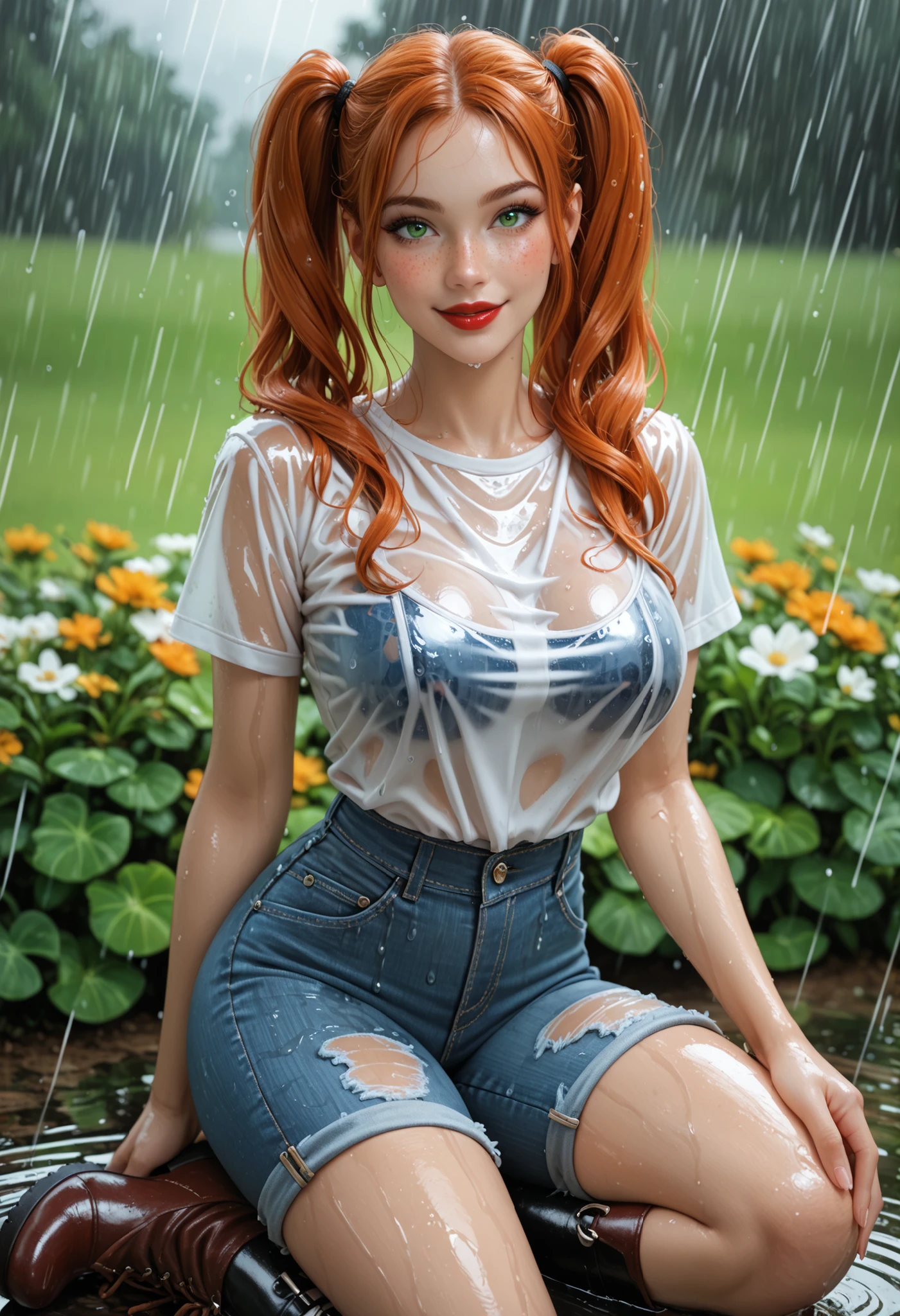 woman in blue shirt and jeans, wet shirt, wet t shirt, wet t-shirt, shiny wet skin!!, wet tshirt, wet look, carnal ) wet, eighties pinup style, suze randall, eighties-pinup style, darling wash off in the rain, wet shiny skin, jenny seville, wet hair