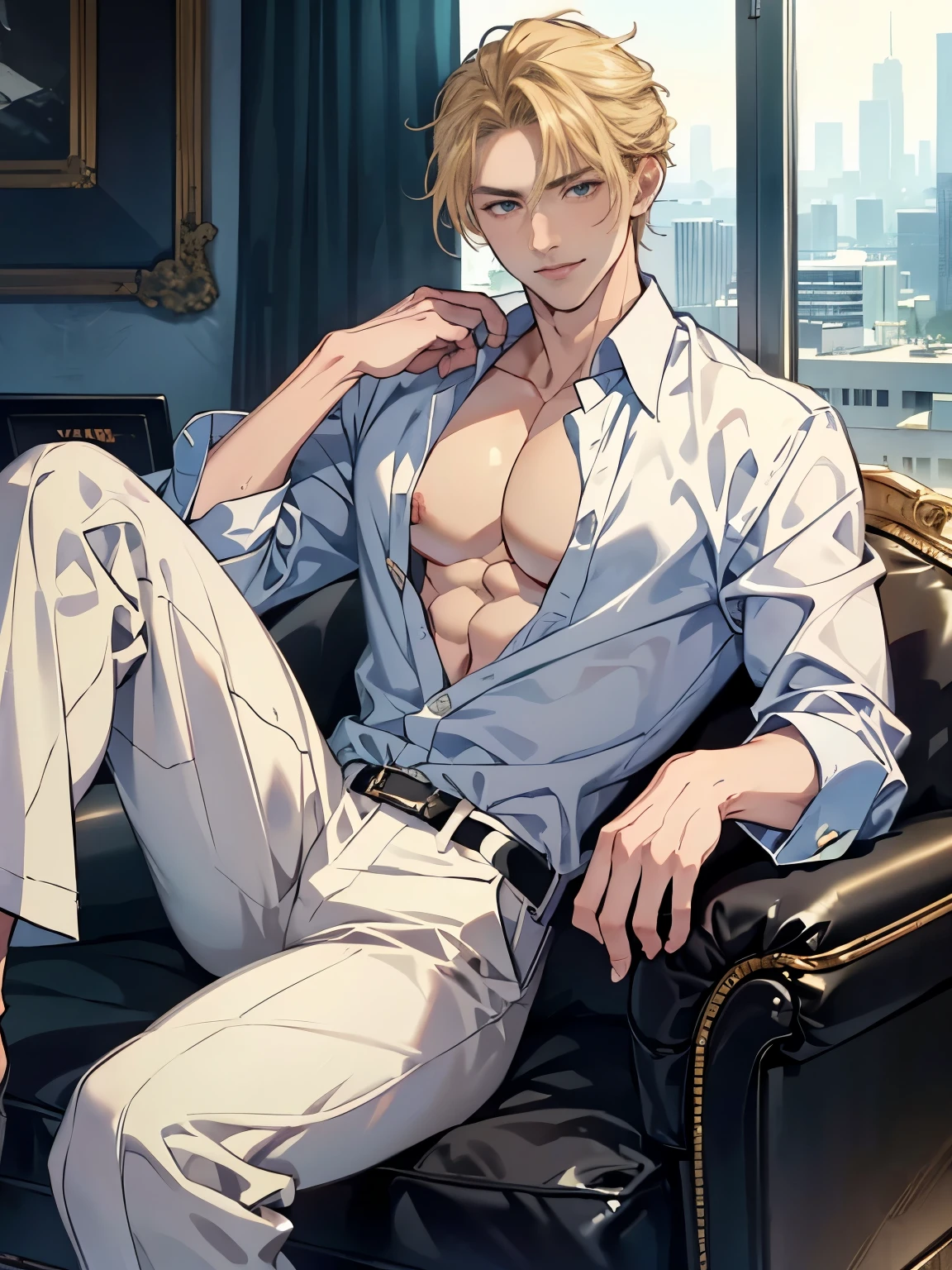 Sexy man, male in a white shirt and tan pants sitting on a chair, big chest, anime handsome man, handsome anime pose, handsome guy, male anime character, human male character art, handsome stunning realistic, anime portrait of a handsome man, clothed in white shirt, (best quality)), ((masterpiece)), (detailed)