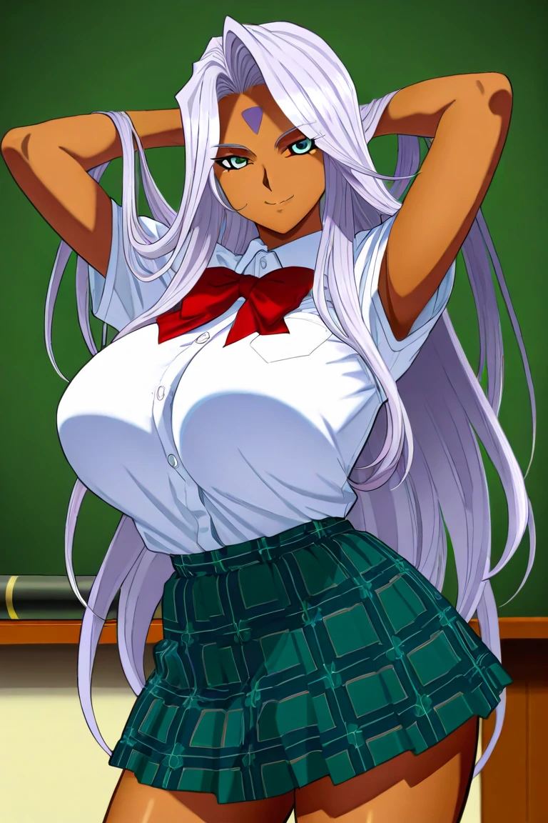 solo, 1girl, mariah \(jojo\), white skin, white-skinned female,  yellow eyes, blush, lipstick, long hair, crazy eyes ,Hot girl, baddie, staring, glaring, bad attitude, mean girl, crazy, smoking, sensual, attractive, masterpiece, best quality, ((unbuttoned school uniform, cleavage, necklace, earrings, sexy body,
breasts)) , micro skirt, smiling, navel , exposed belly, exposed navel,(nsfw) not safe for work,school,
classroom , hold a gun,knot, holding pistol