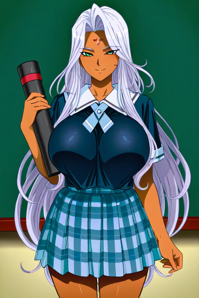 1girl, breasts, thighhighs, skirt, underwear, solo, navel, cleavage, hand on hip, belt, smile, bra, short hair, blue eyes, white background, shirt, looking at viewer, dark skin, midriff, panties, open mouth, dark-skinned female, white legwear, thighs, simple background, arm behind head, side-tie panties, pleated skirt, purple bra, white shirt, arm up, microskirt, thick thighs, tied shirt, white nails, miniskirt, ahoge, white hair, curvy, short sleeves, grey hair, school uniform, collarbone, highleg, highleg panties, silver hair, shiny skin, skindentation, standing, watermark, collared shirt, purple panties, bra peek, panty straps, lace-trimmed bra, front-tie top <lora:Iwao-PonyXL-1024px:0.9>, score_5_up,